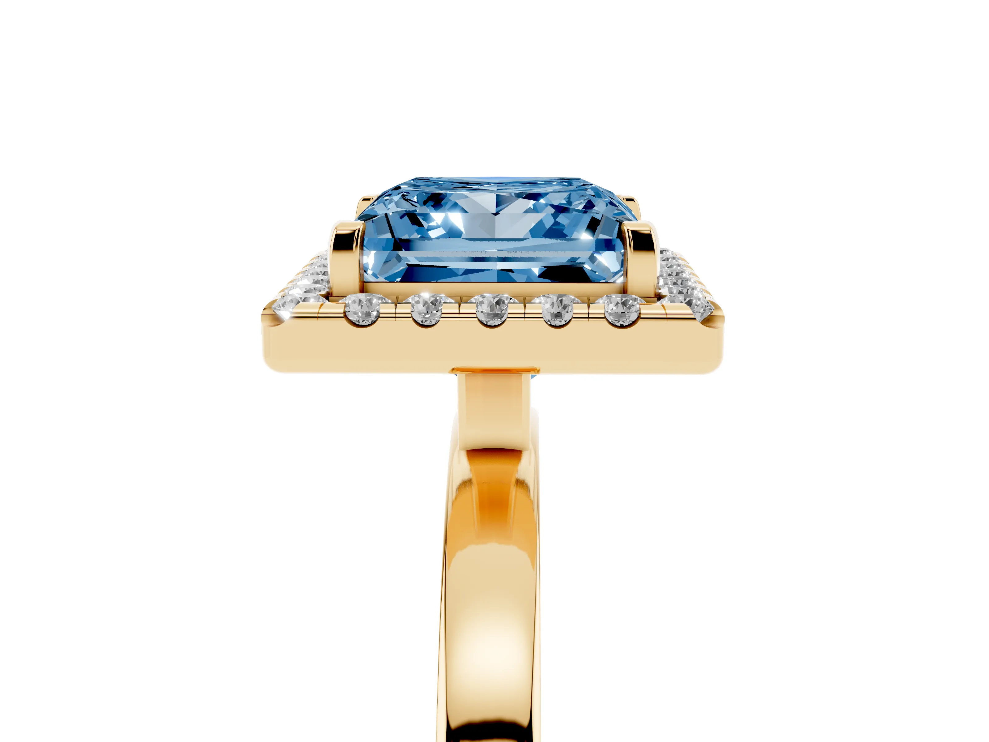 Fancy Blue Princess Cut Diamond Halo Solitaire Ring Set in Yellow gold with Pavé Band and Prong Setting