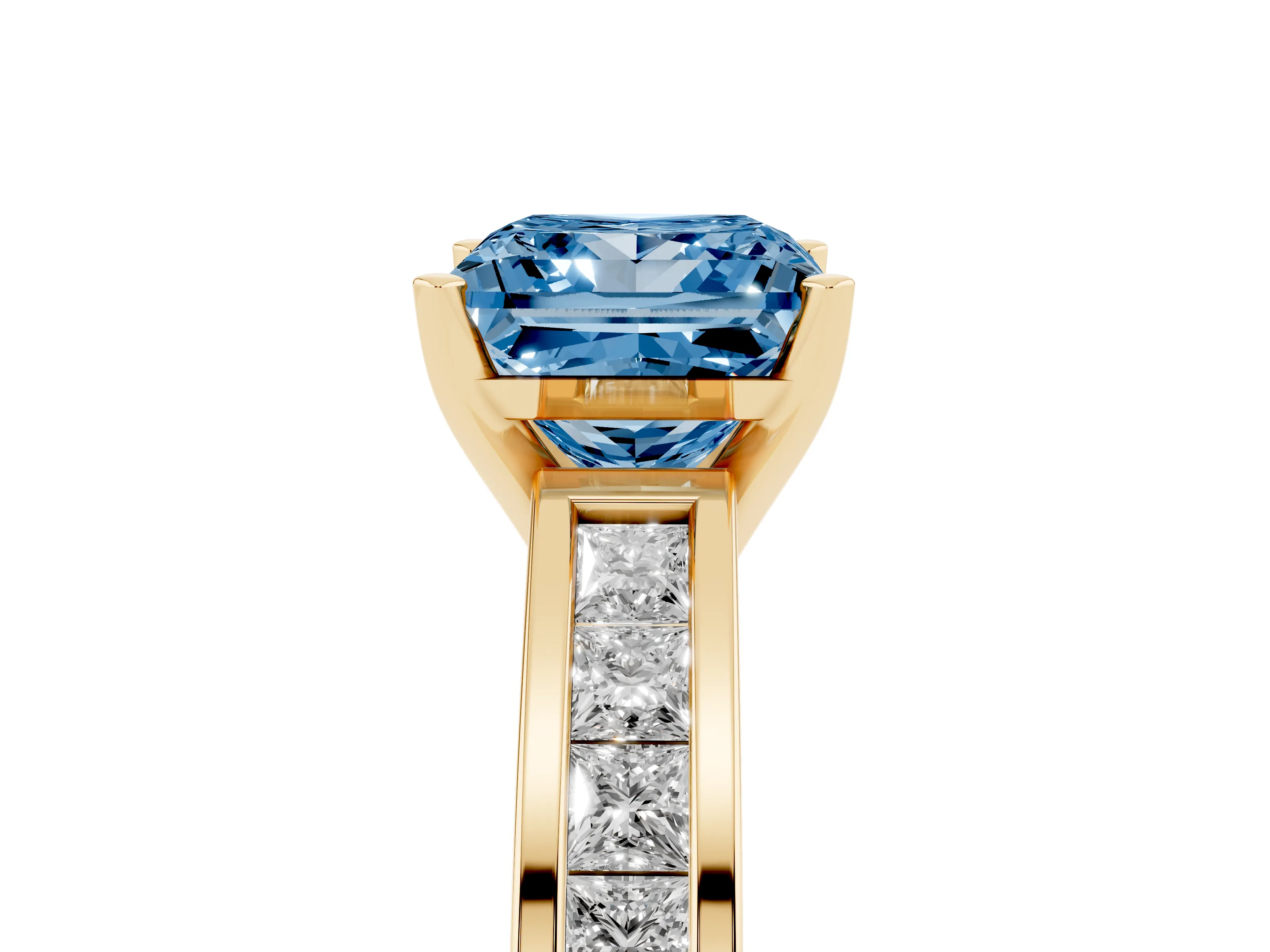 Fancy Blue Princess Cut Diamond Solitaire Ring Set in Yellow gold with Channel-Set Band and Prong Setting
