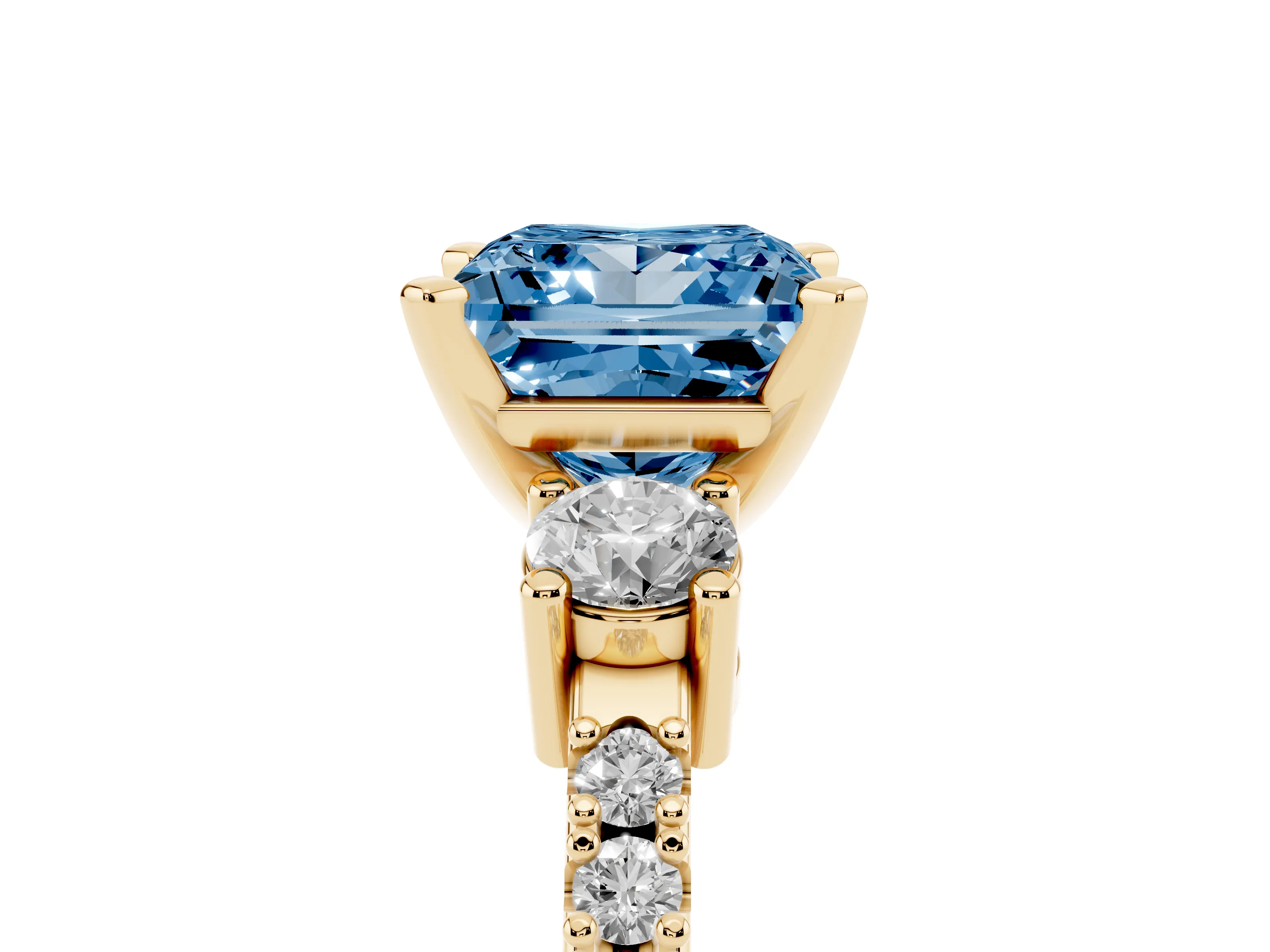 Fancy Blue Three-Stone Princess Cut Diamond Pavé Band Ring Set in Yellow gold with Prong Setting