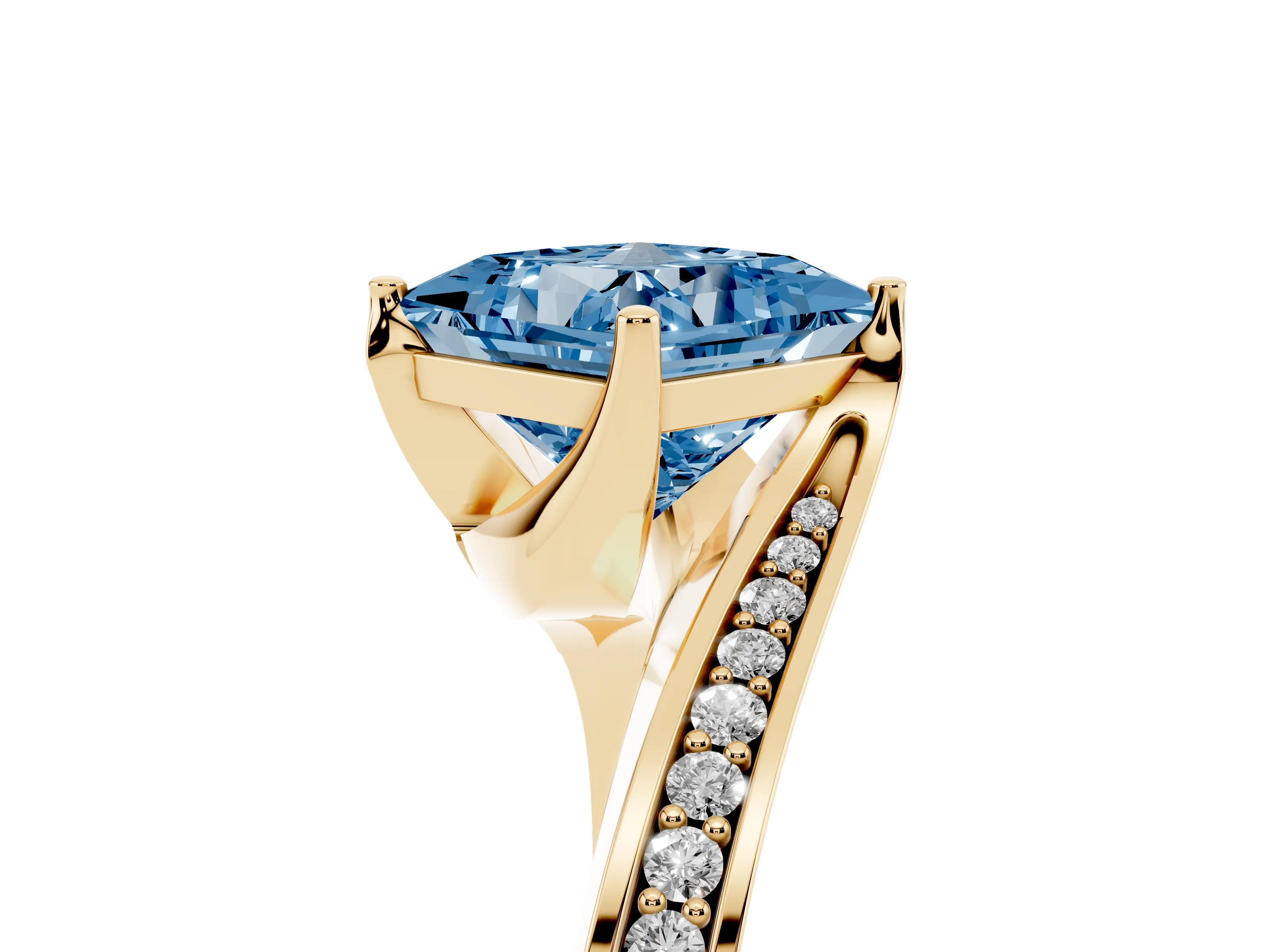 Fancy Blue Princess Cut Diamond Solitaire Ring Set in Yellow gold with Intertwined Pavé Twist Band
