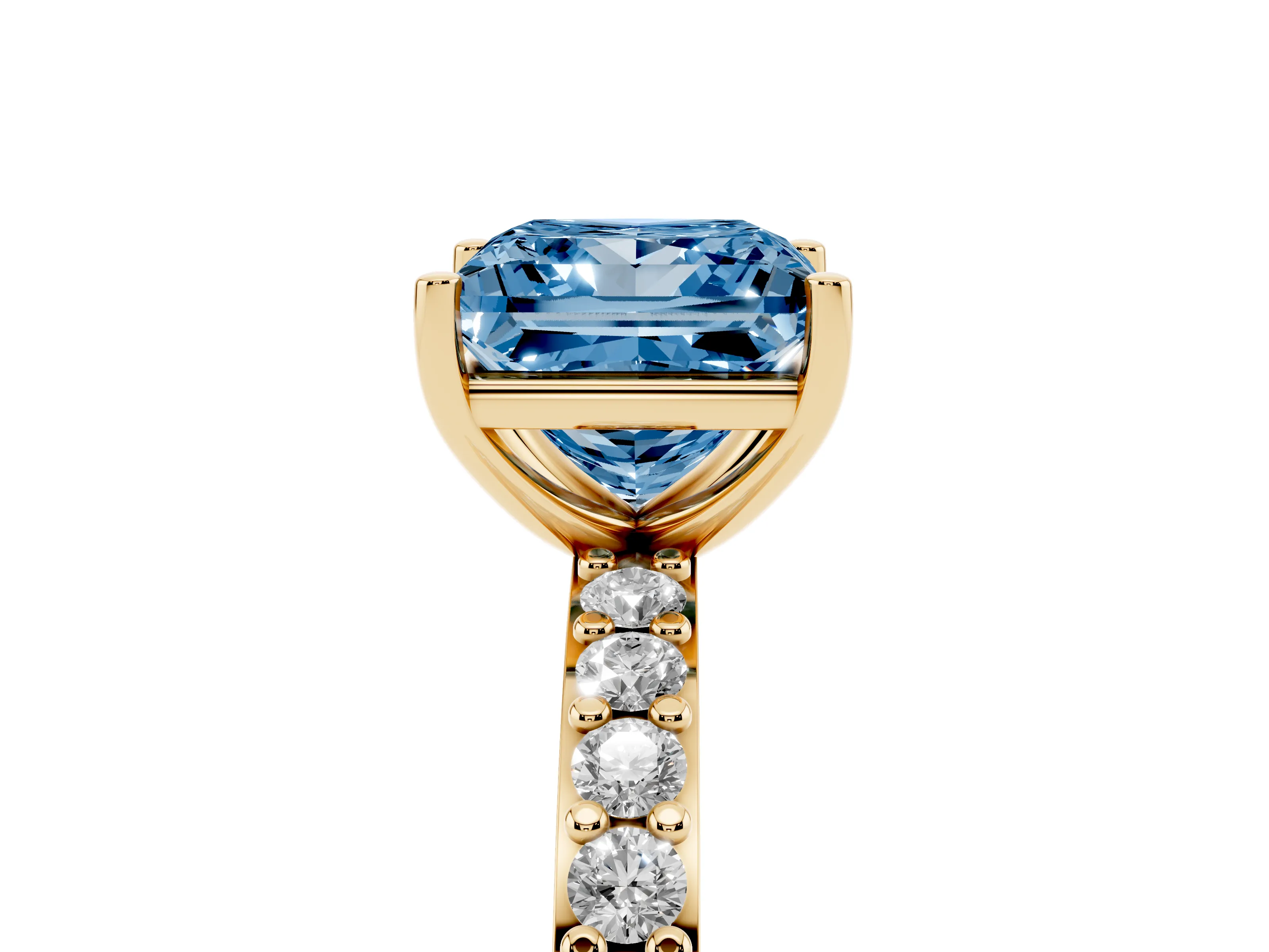 Fancy Blue Princess Cut Diamond Solitaire Set in Yellow gold with Round Pavé Band and Prong Setting