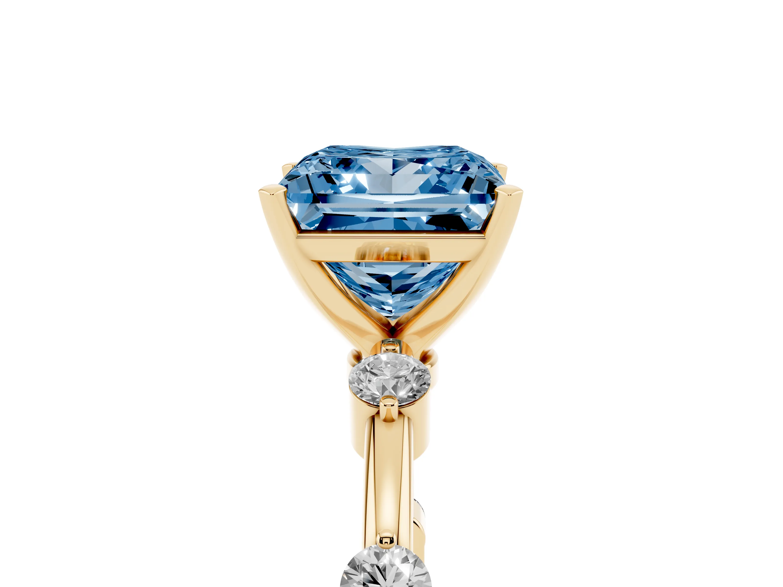 Fancy Blue Princess Cut Diamond Solitaire Ring Set in Yellow gold with Bezel Set Side Stones and Prong Setting