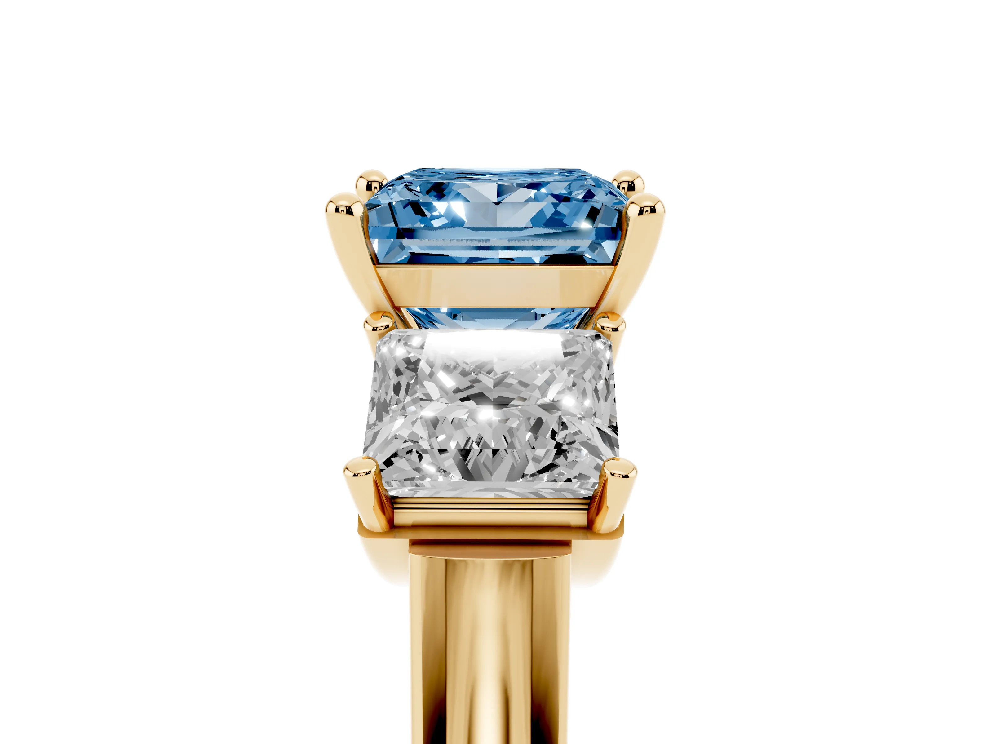 Fancy Blue Princess Cut Diamond Three-Stone Trellis Ring Set in Yellow gold with Comfort Fit Band