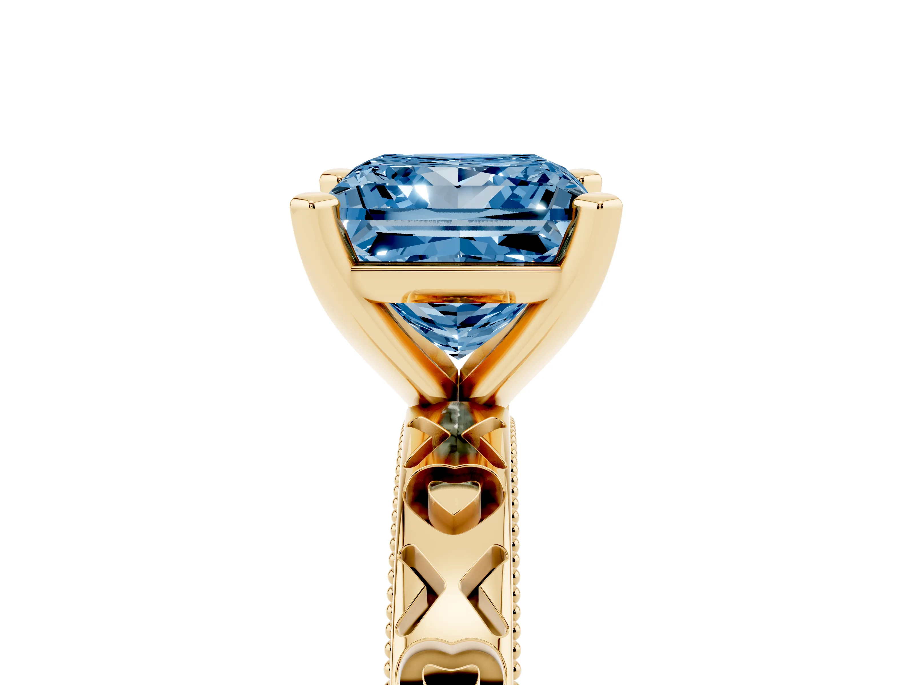 Fancy Blue Princess Cut Diamond Solitaire Engagement Ring Set in Yellow gold with XO Engraved Band and Prong Setting