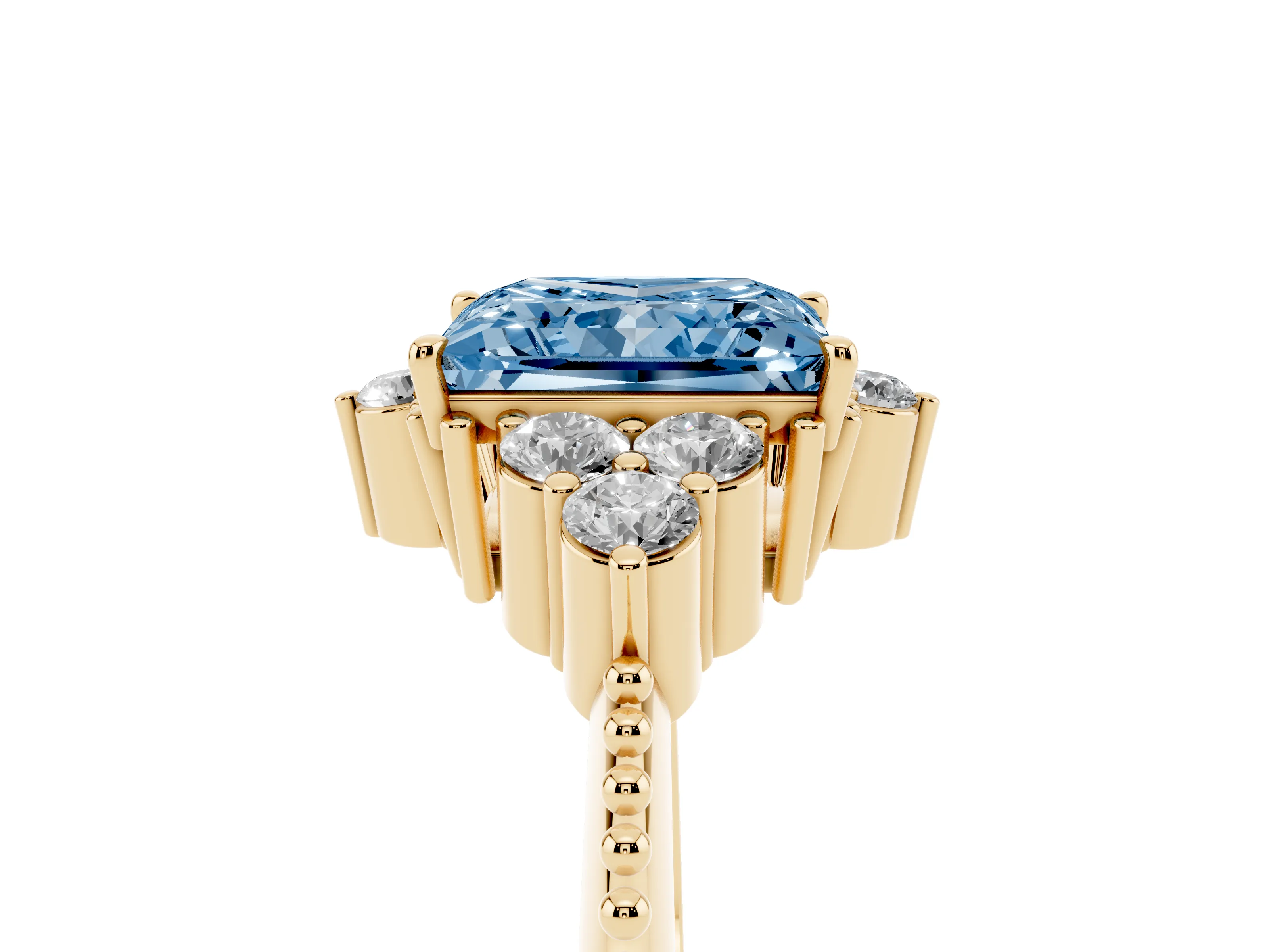 Fancy Blue Princess Cut Diamond Cluster Ring Set in Yellow gold with Beaded Band