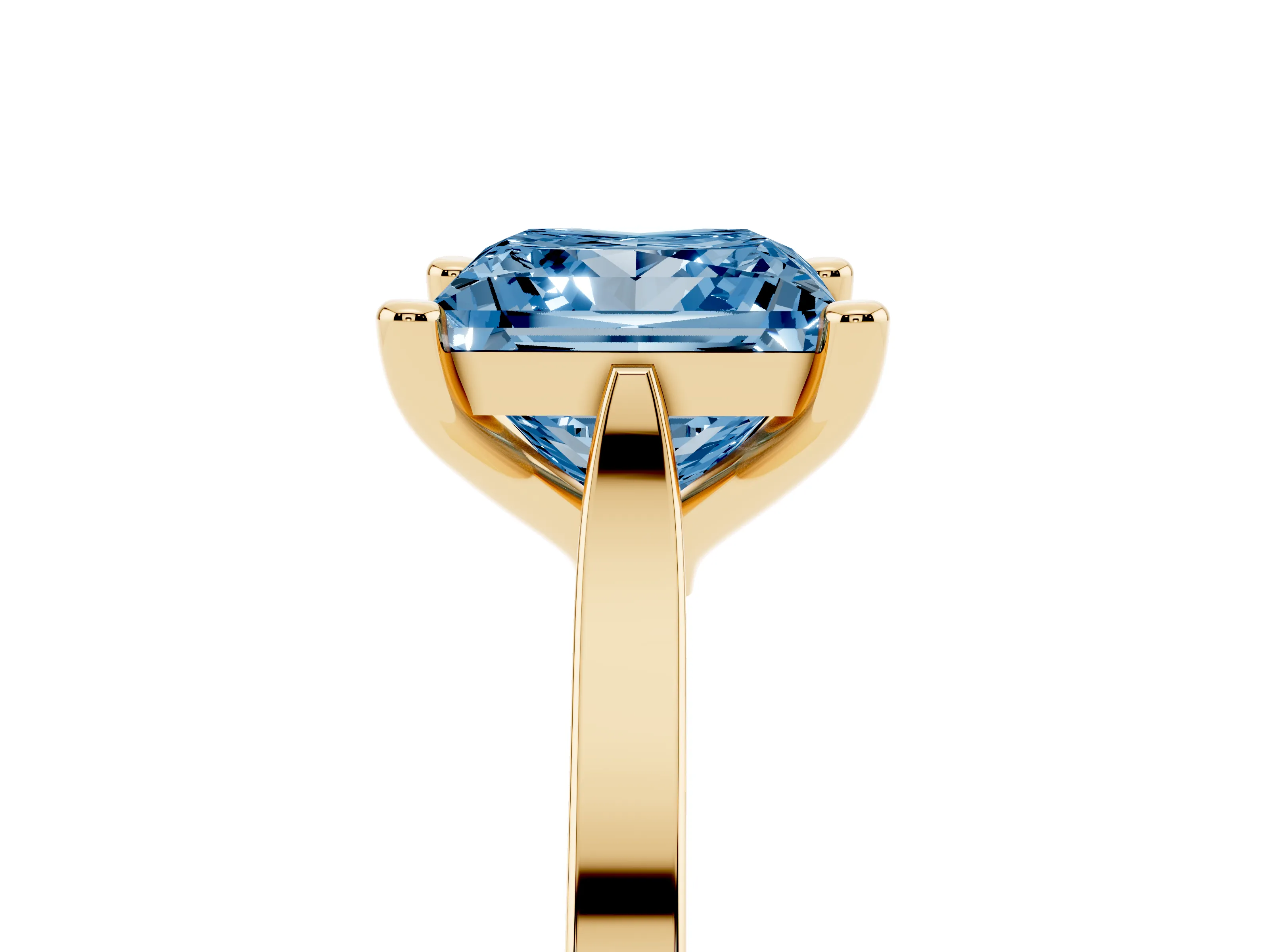 Fancy Blue Princess Cut Diamond Solitaire Ring Set in Yellow gold with Prong Setting and Tapered Band