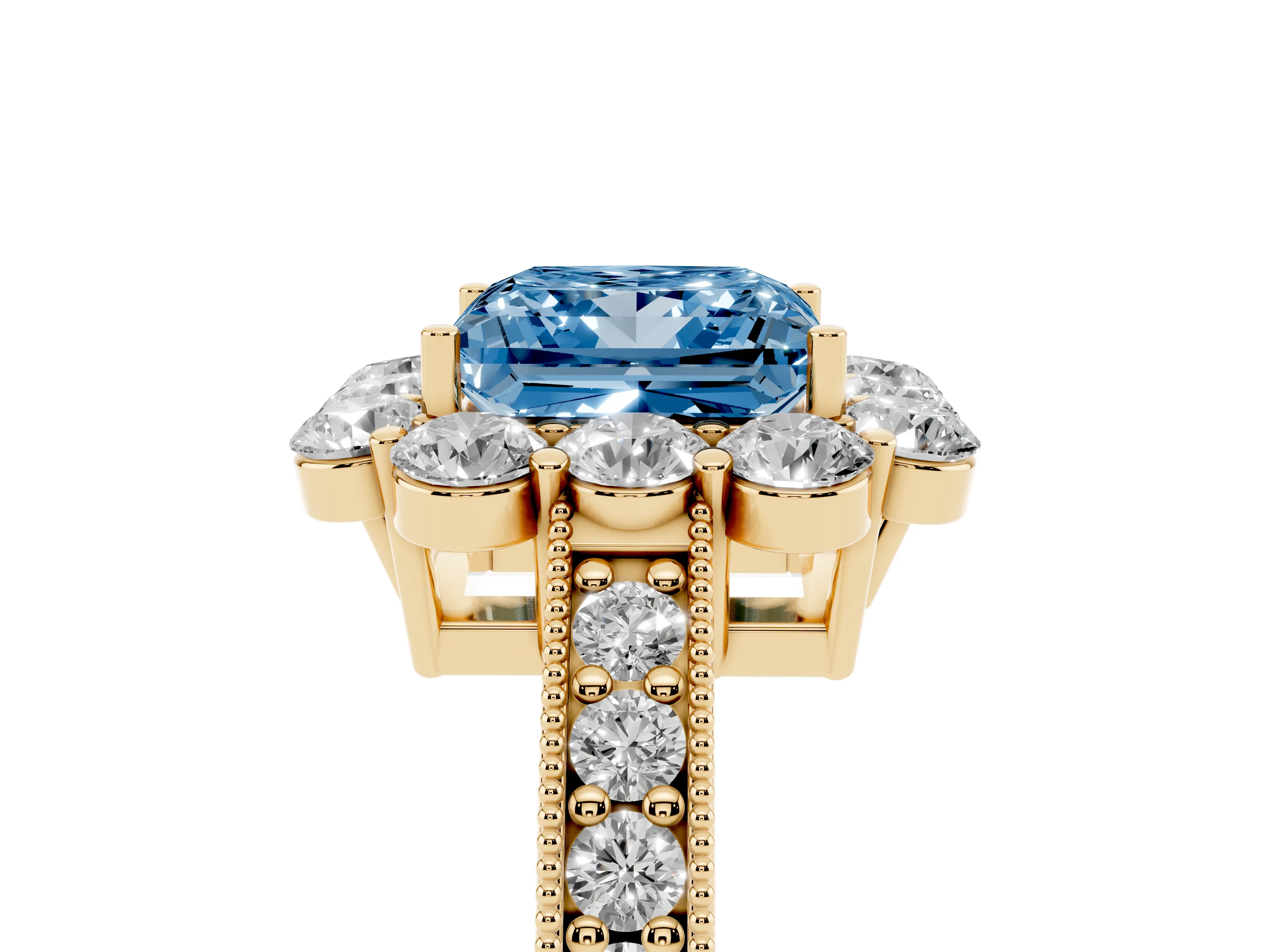 Fancy Blue Princess Cut Diamond Halo Pavé Engagement Ring Set in Yellow gold with Milgrain Detailing