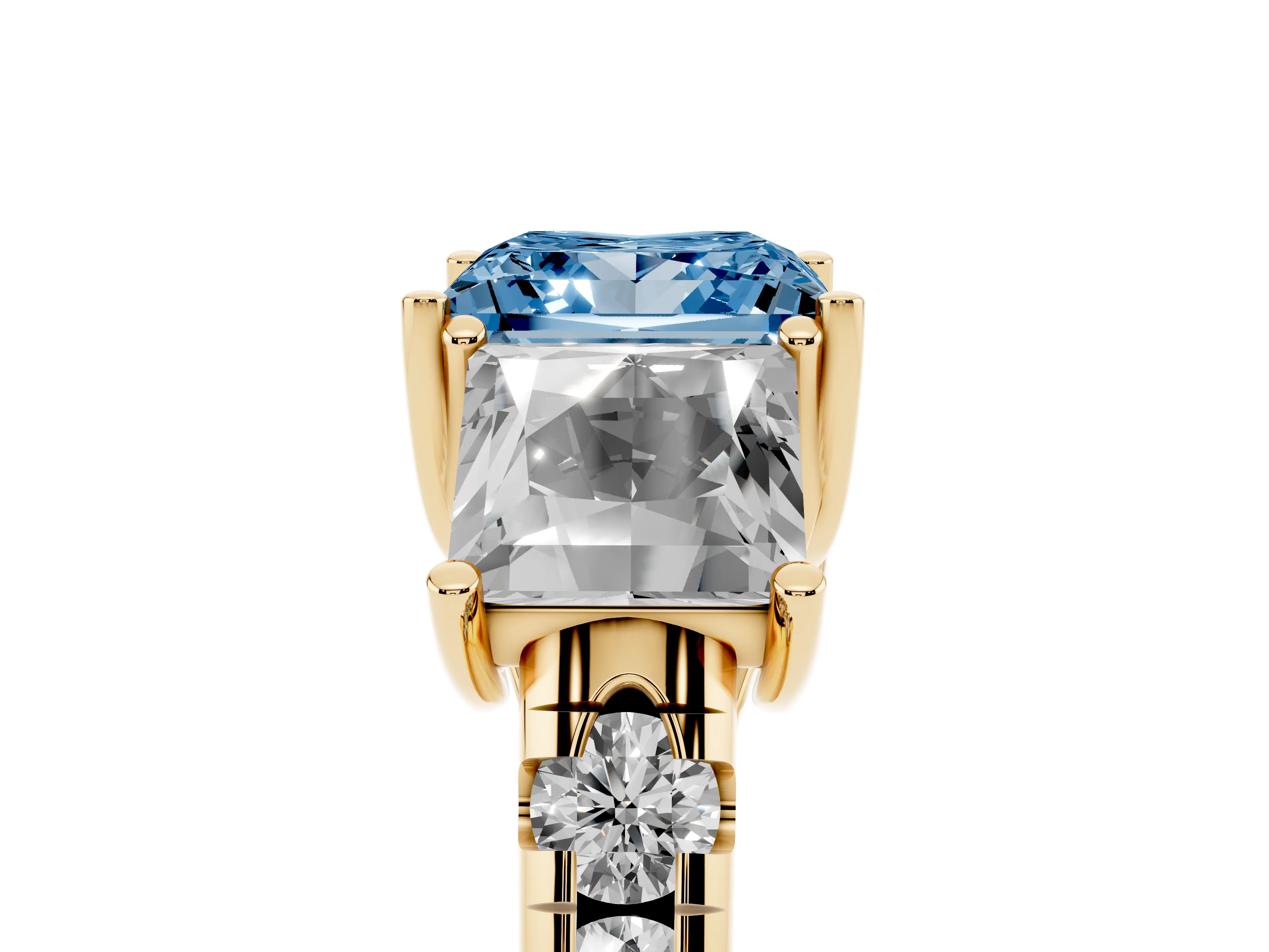 Fancy Blue Princess Cut Diamond Three-Stone Ring Set in Yellow gold with Pavé Band