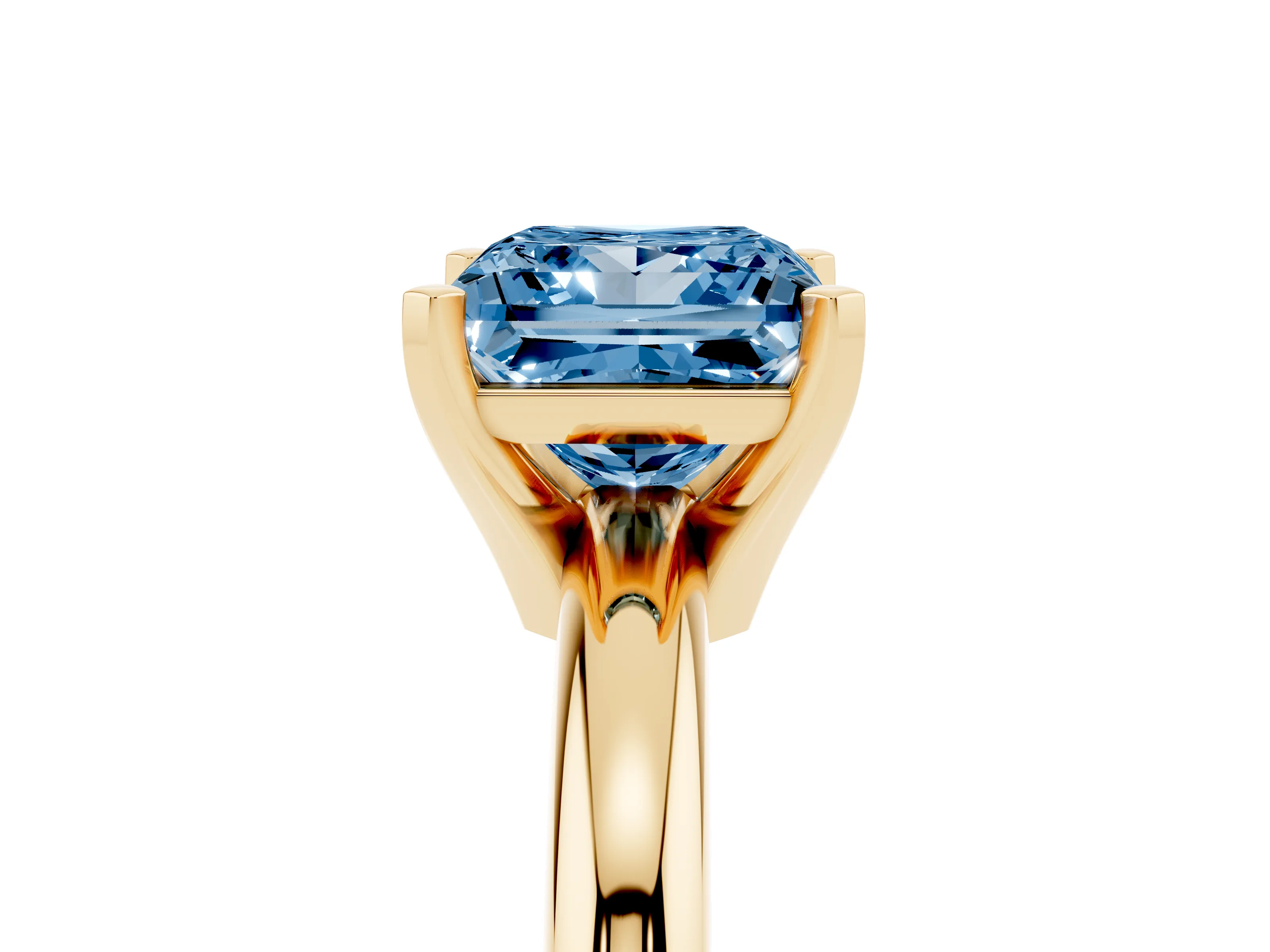 Fancy Blue Princess Cut Diamond Solitaire Engagement Ring Set in Yellow gold with Round Band and Prong Setting