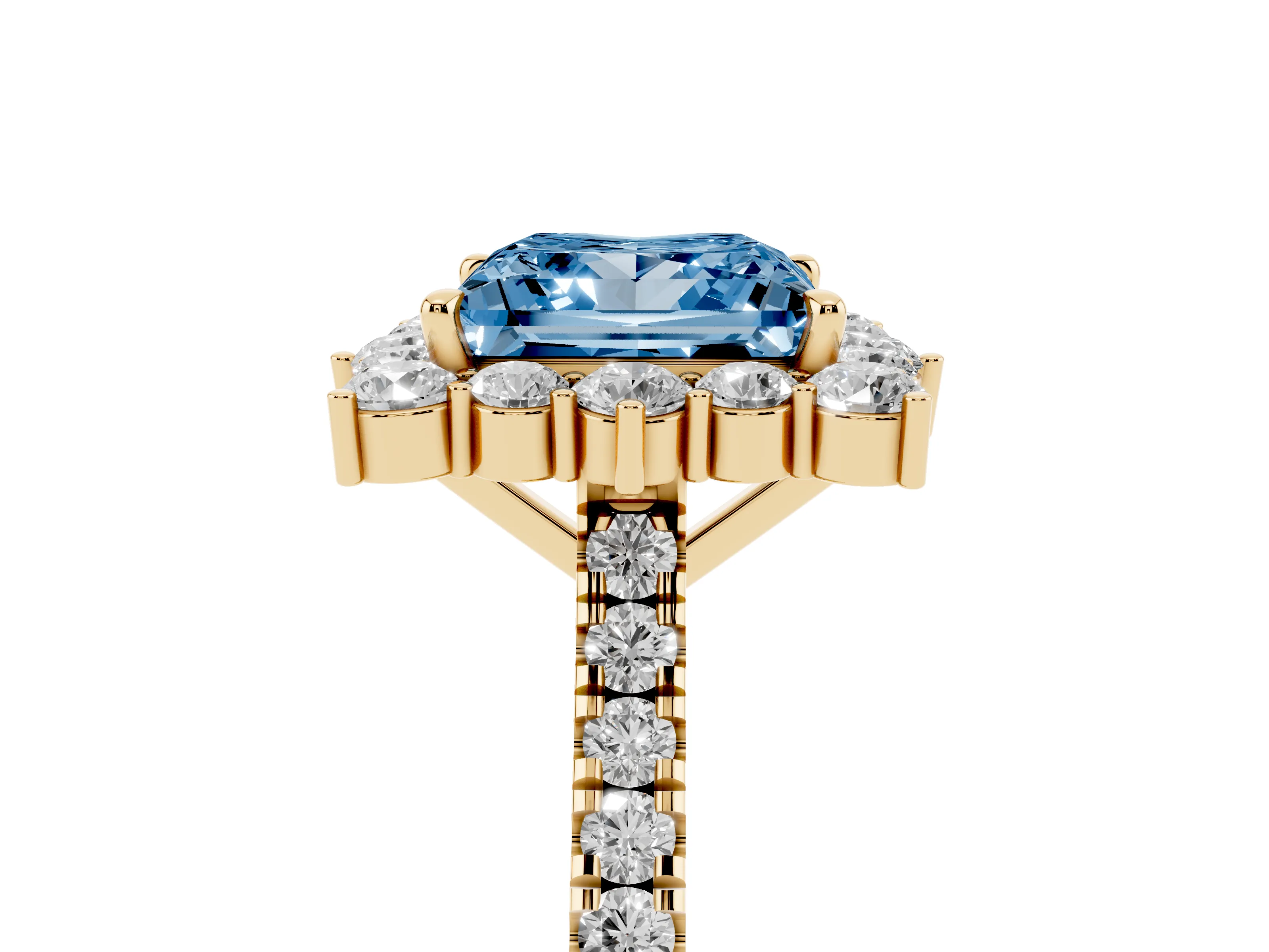 Fancy Blue Princess Cut Diamond Halo Ring Set in Yellow gold with Pavé Band and Prong Setting