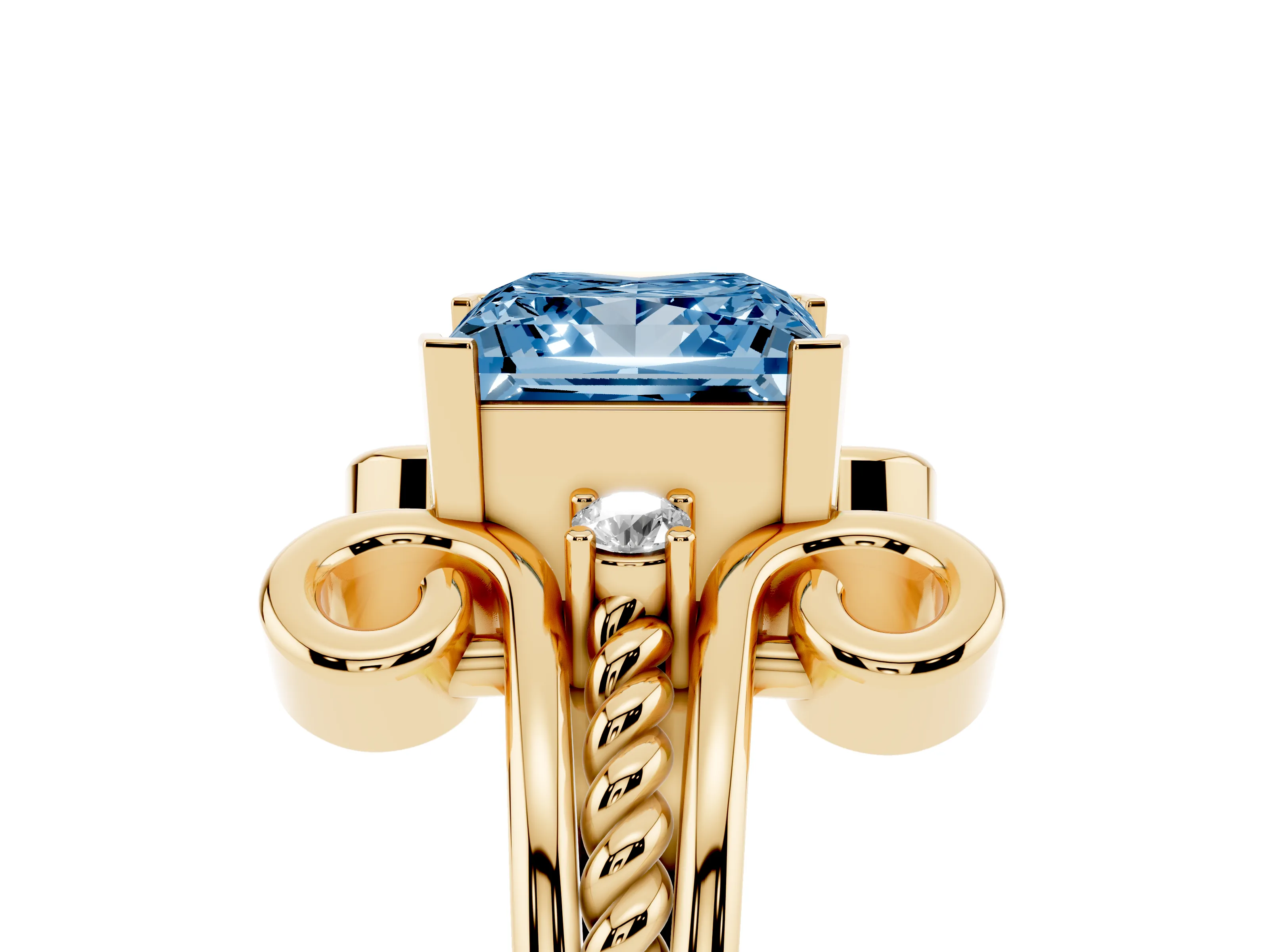 Fancy Blue Princess Cut Diamond Twisted Band Solitaire Ring Set in Yellow gold with Scroll Prongs