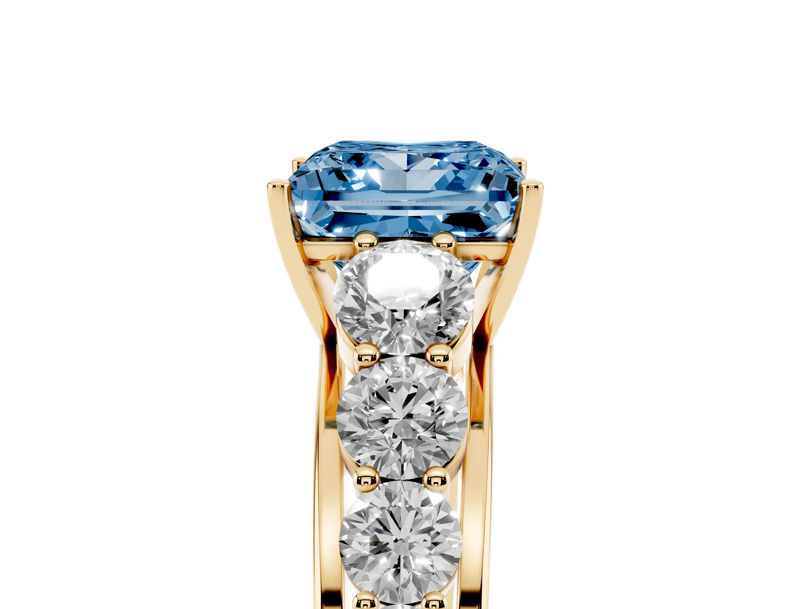 Fancy Blue Princess Cut Diamond Solitaire Ring Set in Yellow gold with Pavé-Set Band and Prong Setting