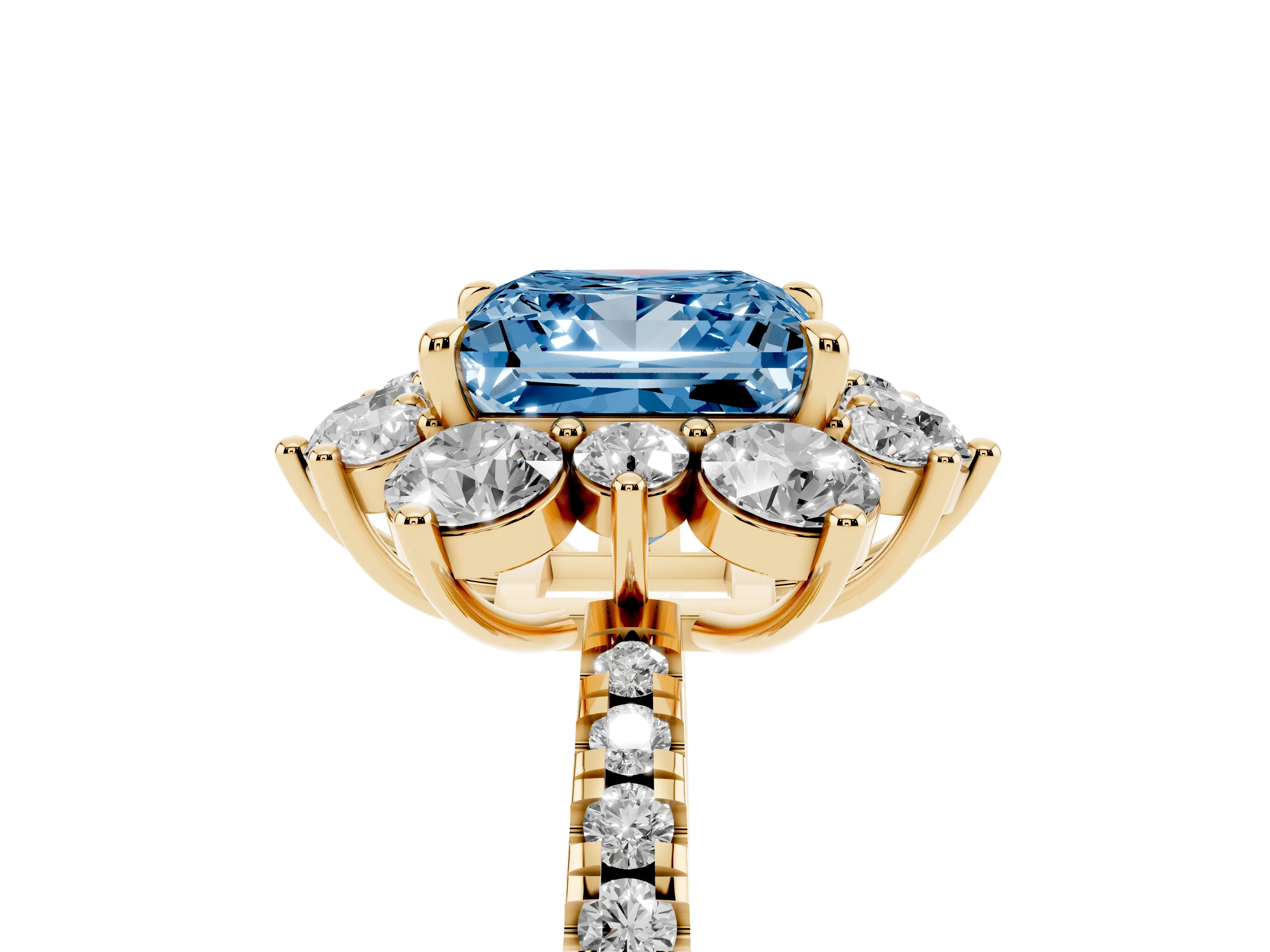 Fancy Blue Princess Cut Diamond Floral Halo Ring Set in Yellow gold with Round Pavé Band and Prong Setting