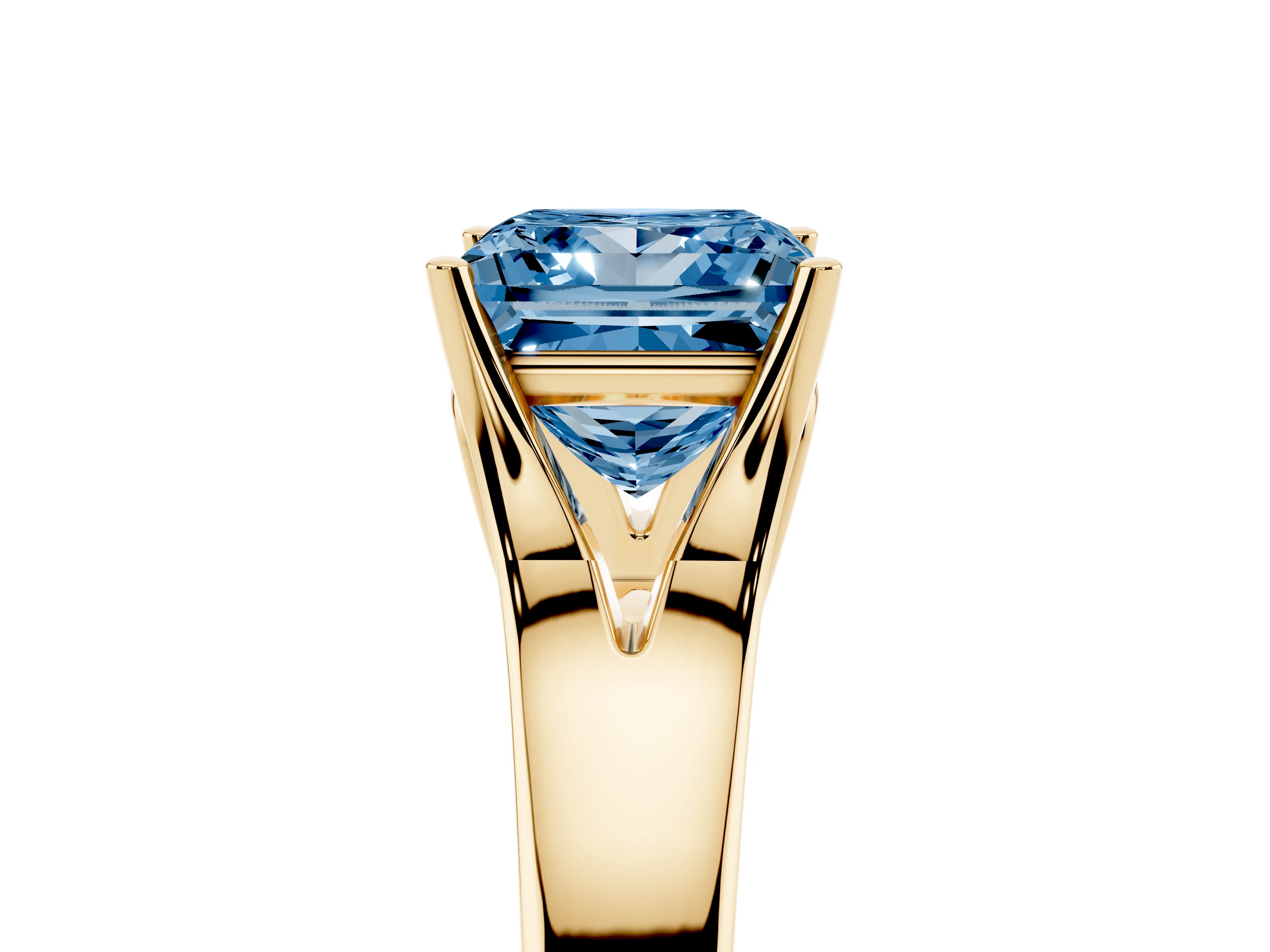Fancy Blue Princess Cut Diamond Solitaire Ring Set in Yellow gold with Arched Cathedral Band and Prong Setting
