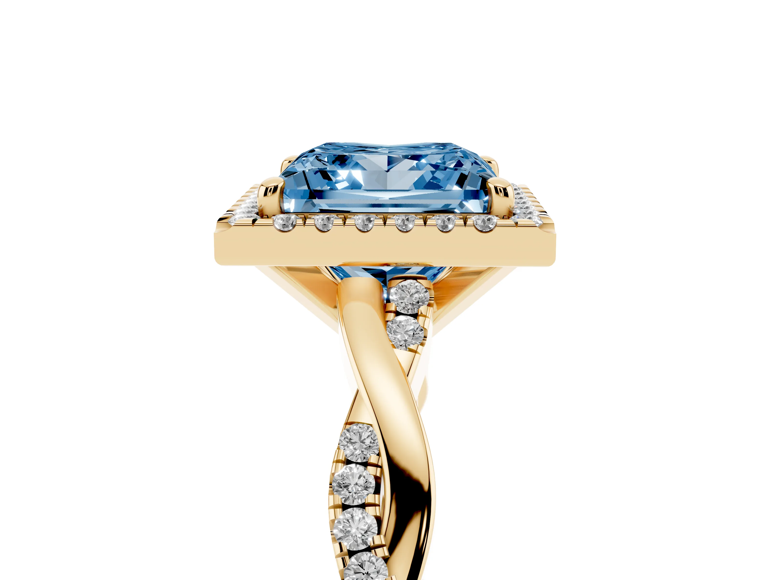 Fancy Blue Princess Cut Diamond Halo Twisted Band Ring Set in Yellow gold with Prong Setting