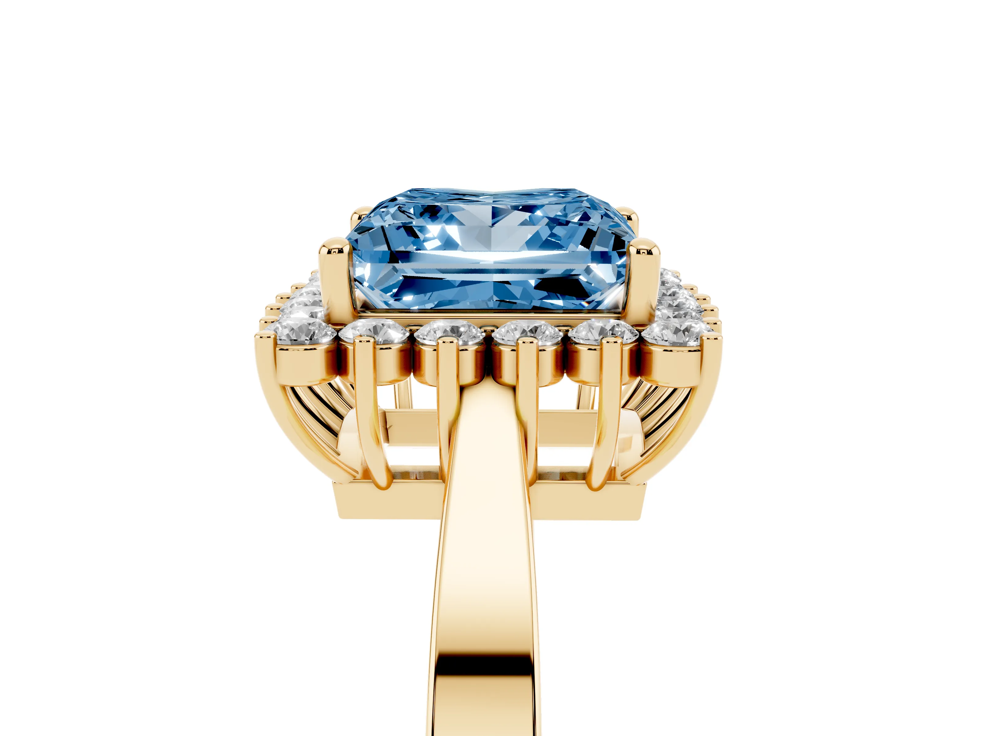 Fancy Blue Princess Cut Diamond Halo Ring Set in Yellow gold with Round Halo and Smooth Solitaire Band