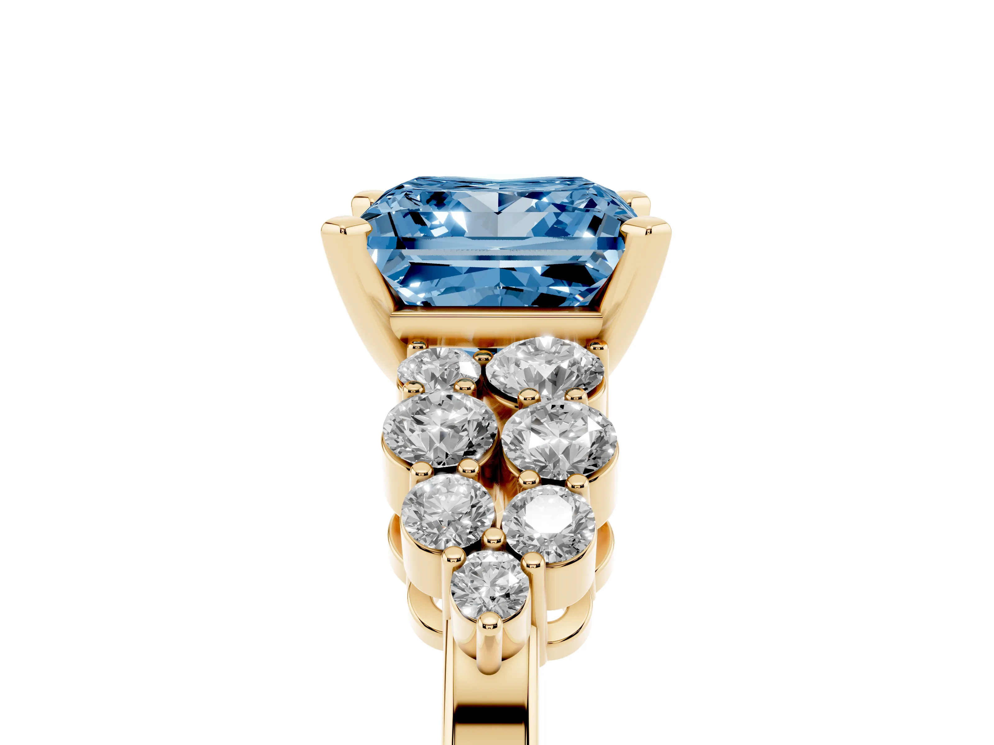 Fancy Blue Princess Cut Diamond Cluster Engagement Ring Set in Yellow gold with Pavé Band and Prong Setting