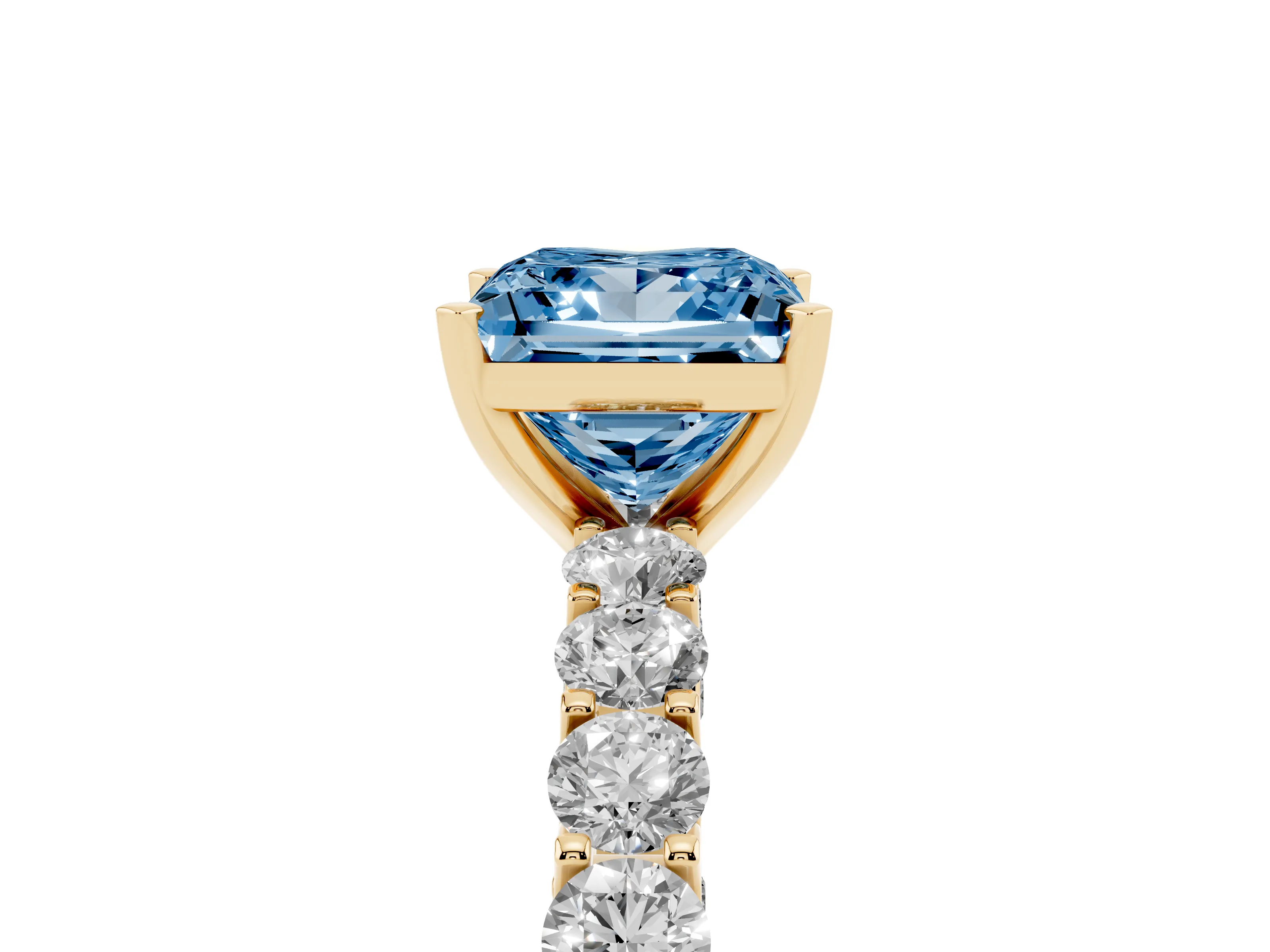 Fancy Blue Princess Cut Diamond Solitaire Ring Set in Yellow gold with Shared Prong Pavé Band