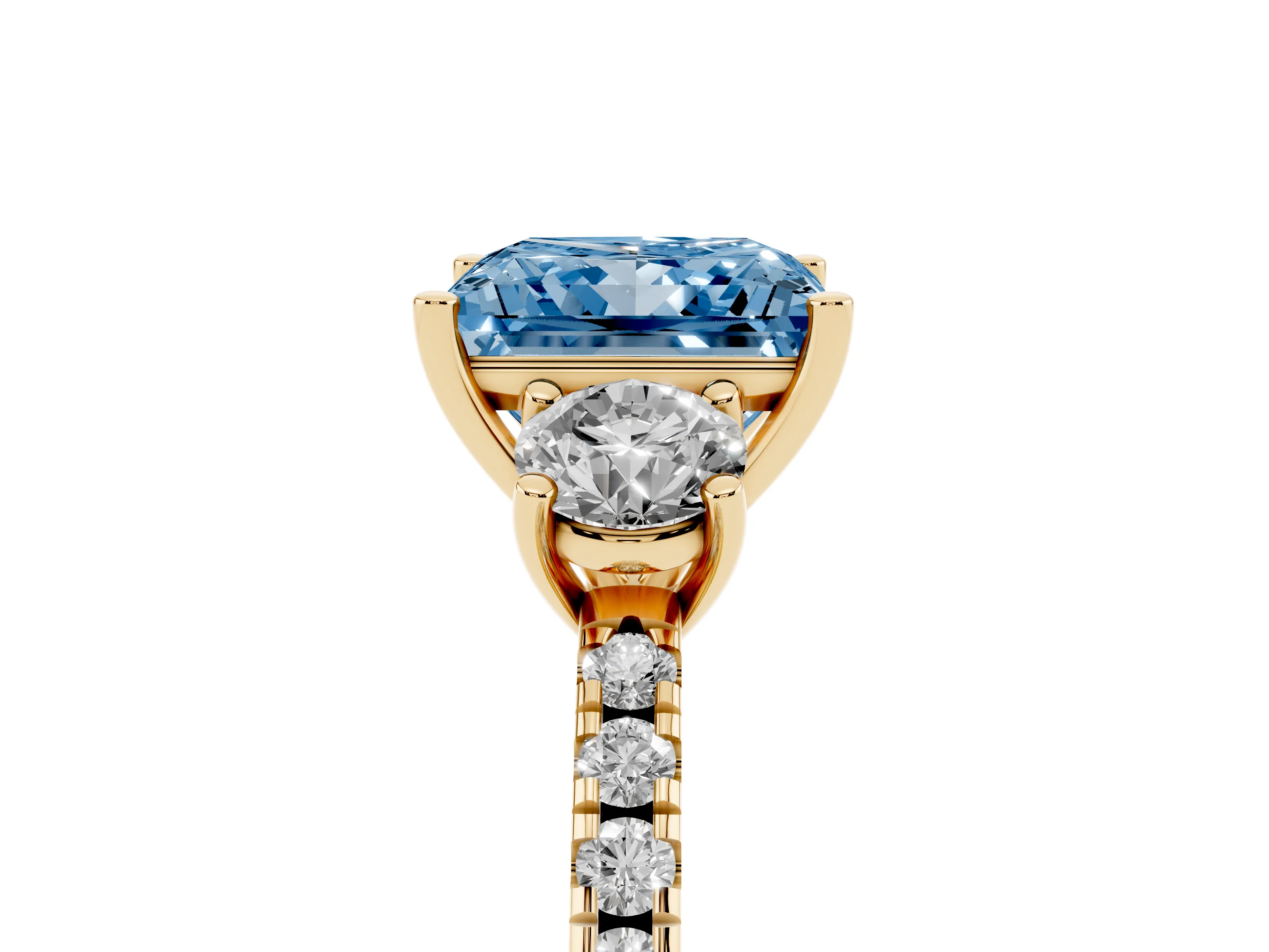 Fancy Blue Princess Cut Diamond Three-Stone Ring Set in Yellow gold with Pavé Band and Graduated Sides