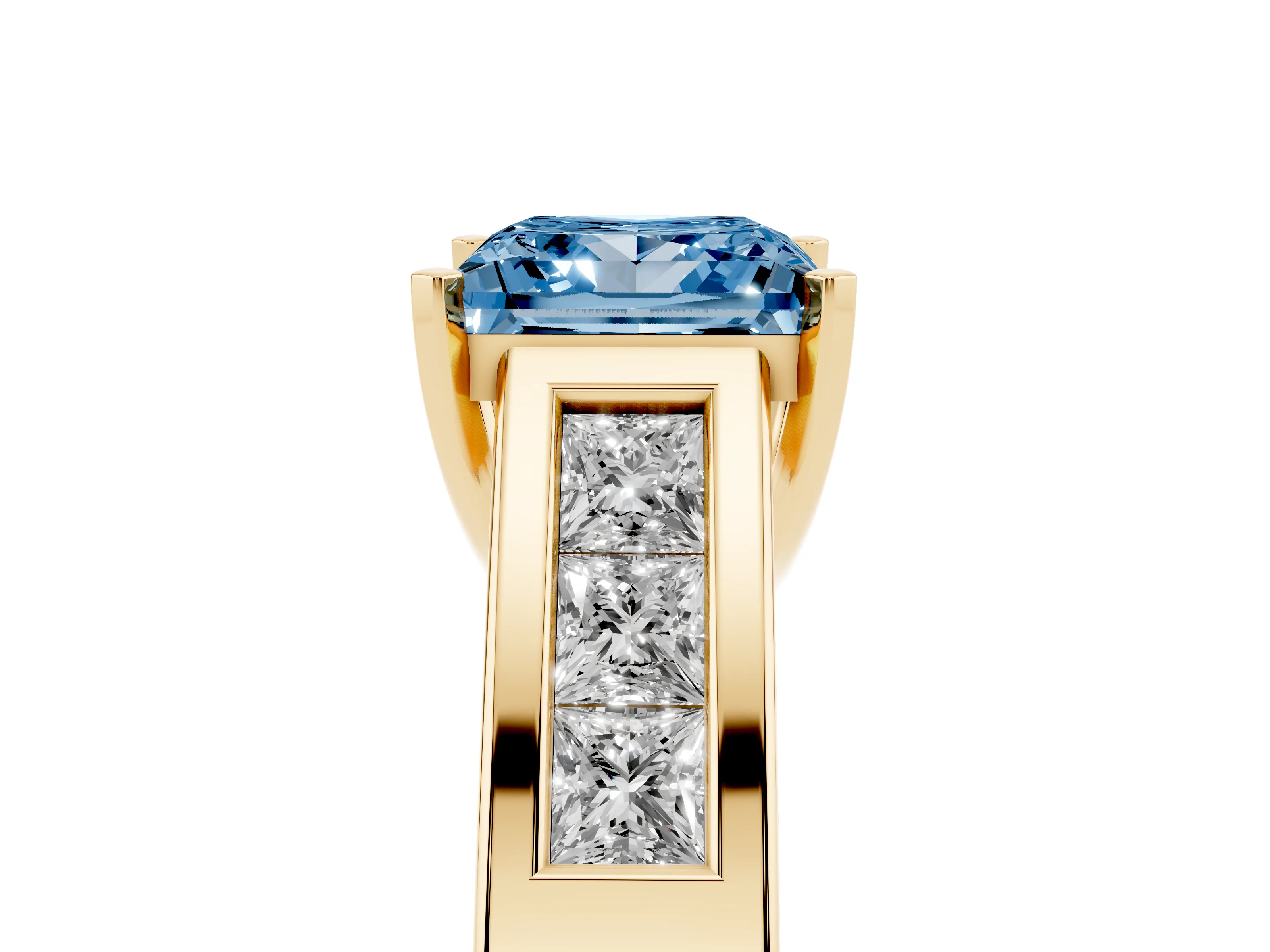 Fancy Blue Princess Cut Diamond Solitaire Ring Set in Yellow gold with Channel-Set Accent Stones and Prong Setting