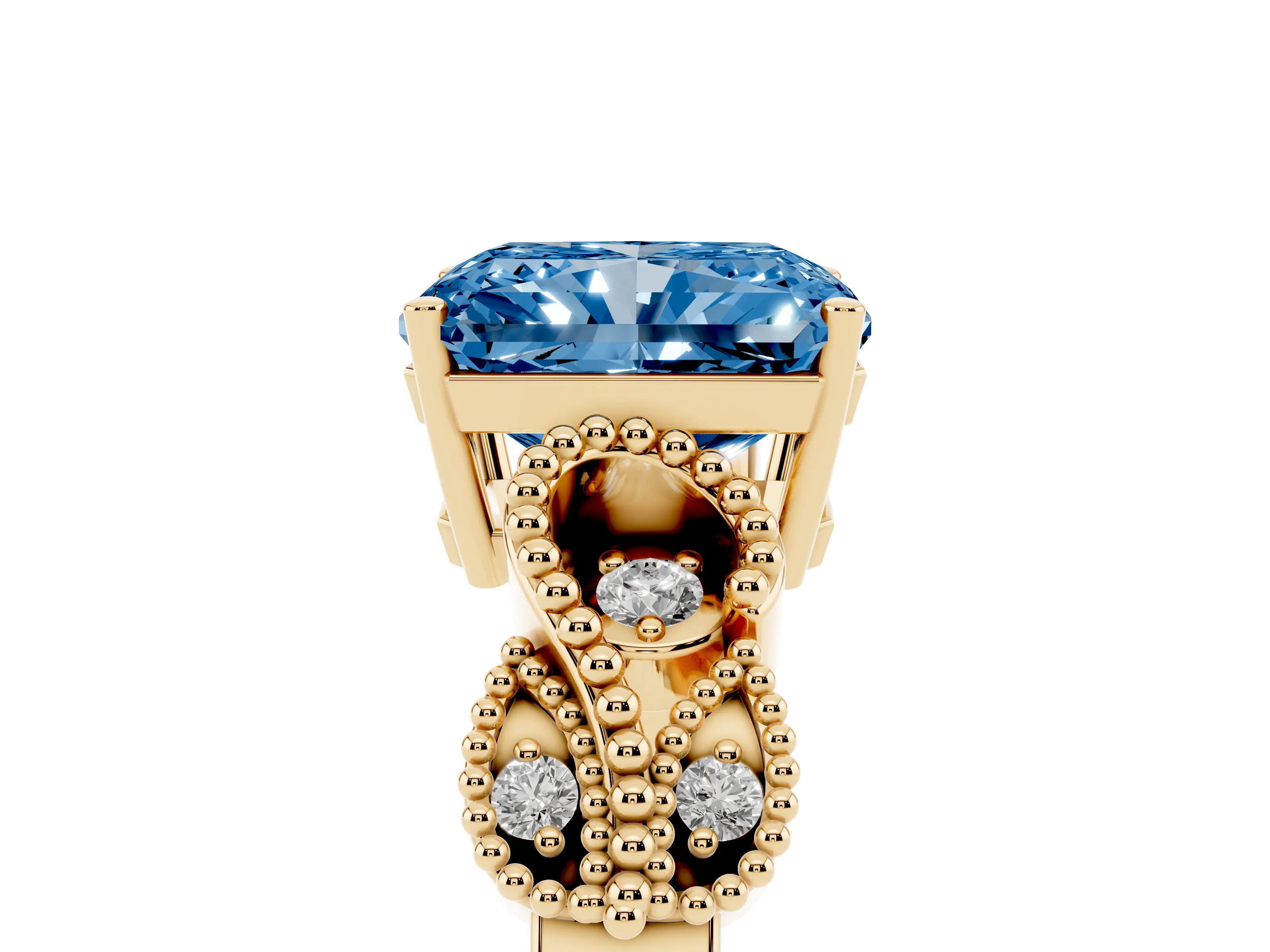 Fancy Blue Princess Cut Diamond Milgrain Leaf Band Solitaire Ring Set in Yellow gold with Accent Stones and Prong Setting