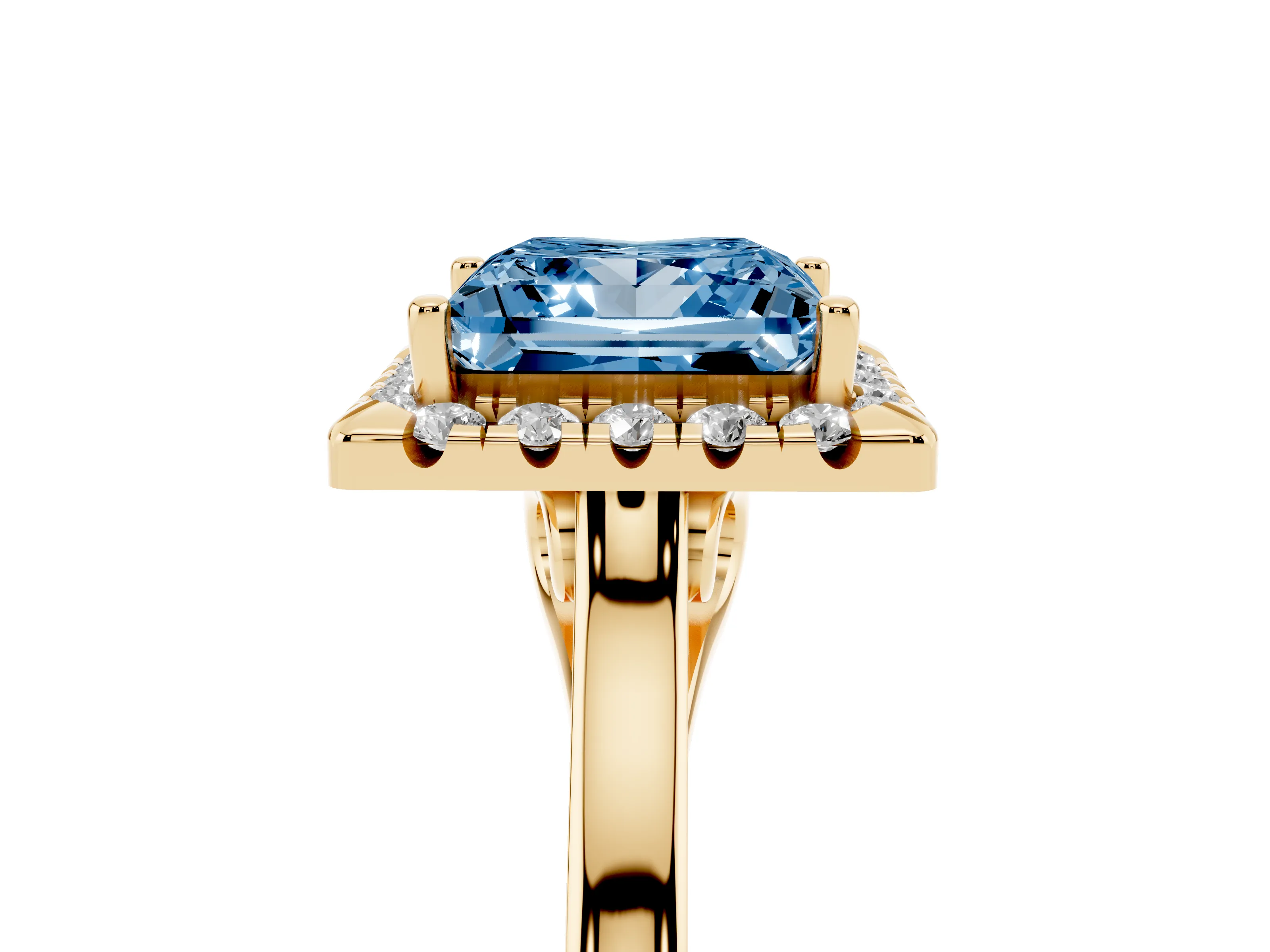 Fancy Blue Princess Cut Halo Round Diamond Solitaire Ring Set in Yellow gold with Pavé Band and Prong Setting