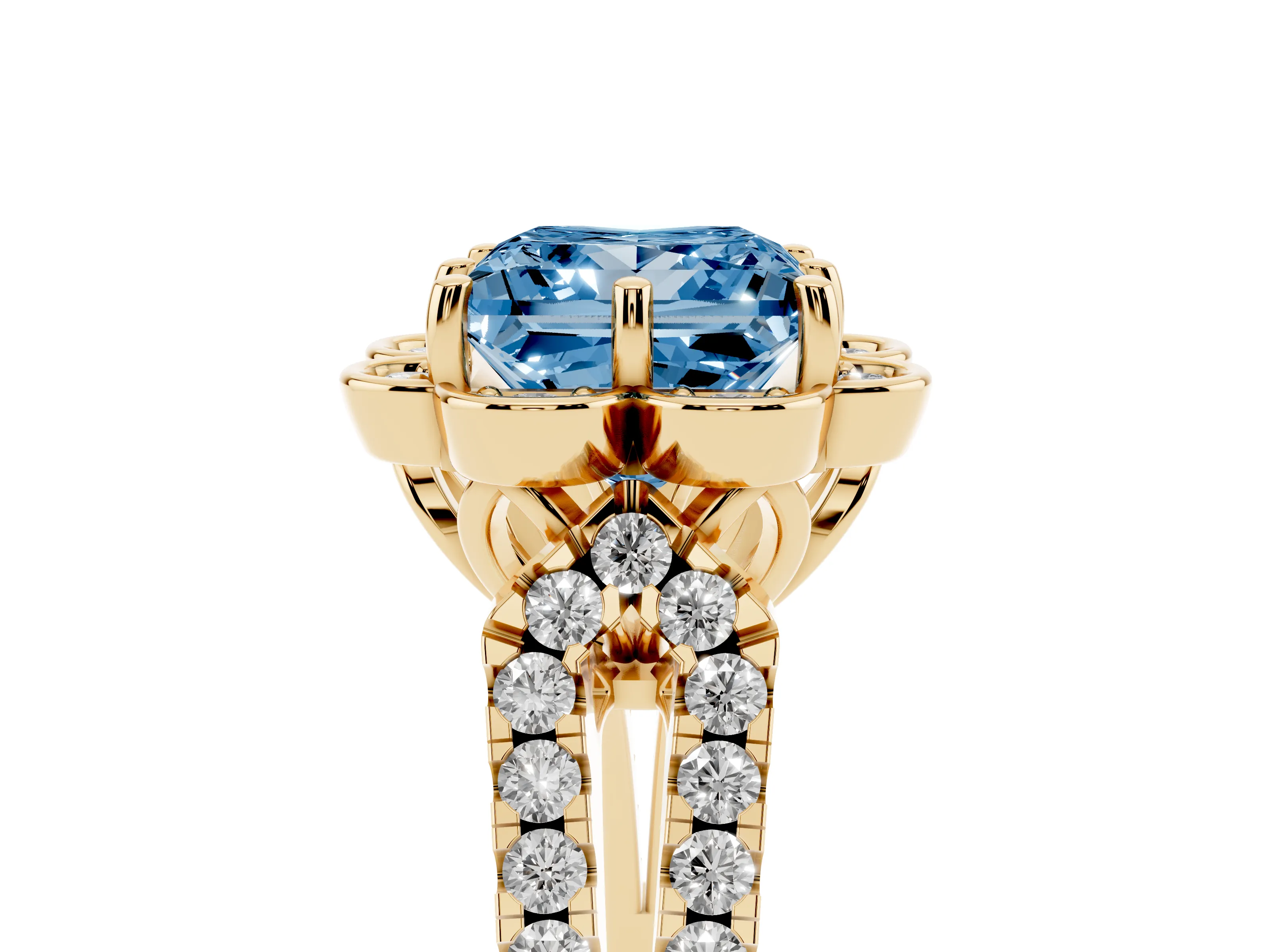 Fancy Blue Princess Cut Diamond Floral Halo Split Shank Engagement Ring Set in Yellow gold with Pavé Shank