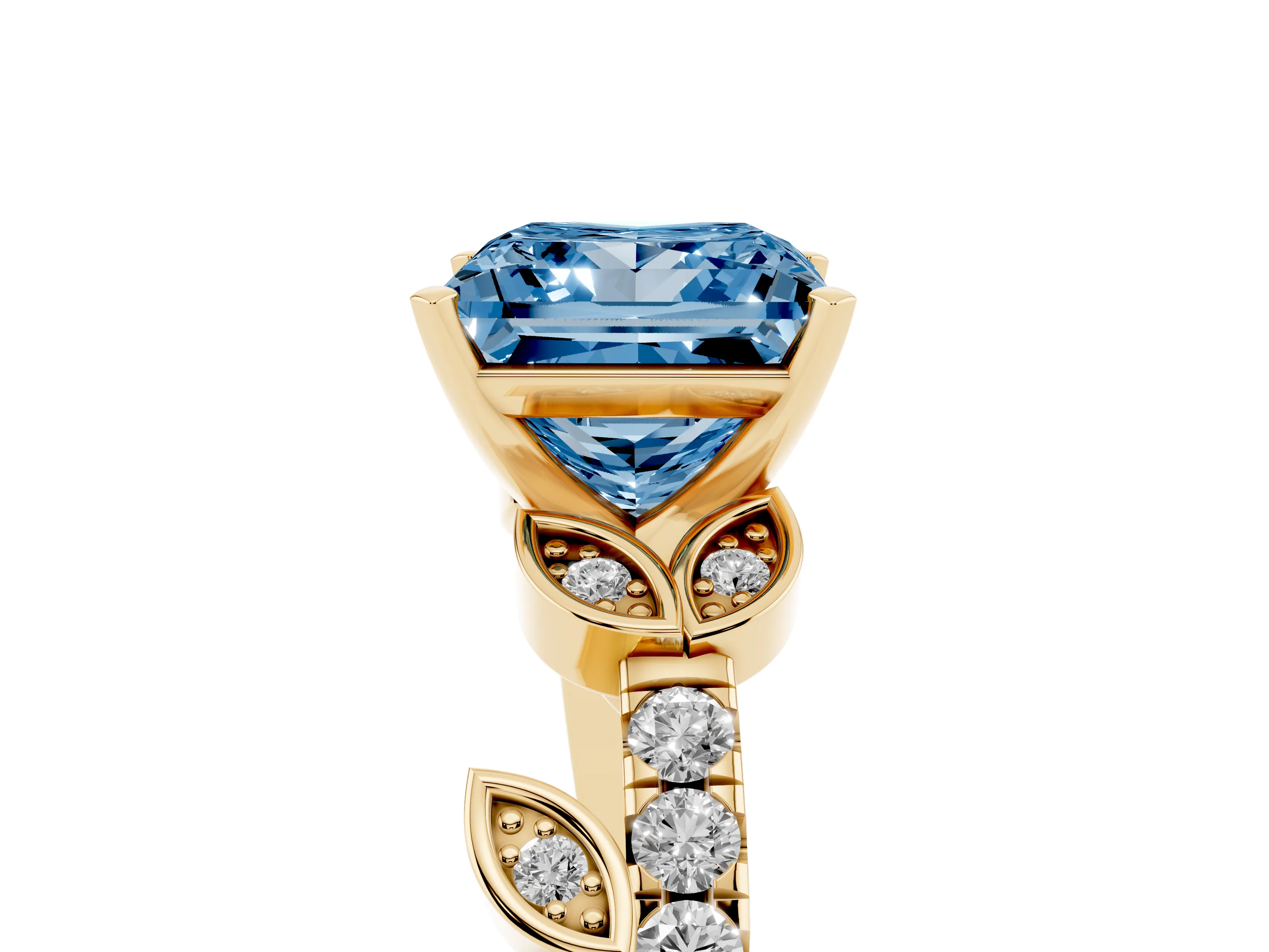 Fancy Blue Princess Cut Diamond Solitaire Leaf-Inspired Ring Set in Yellow gold with Pavé Band and Prong Setting