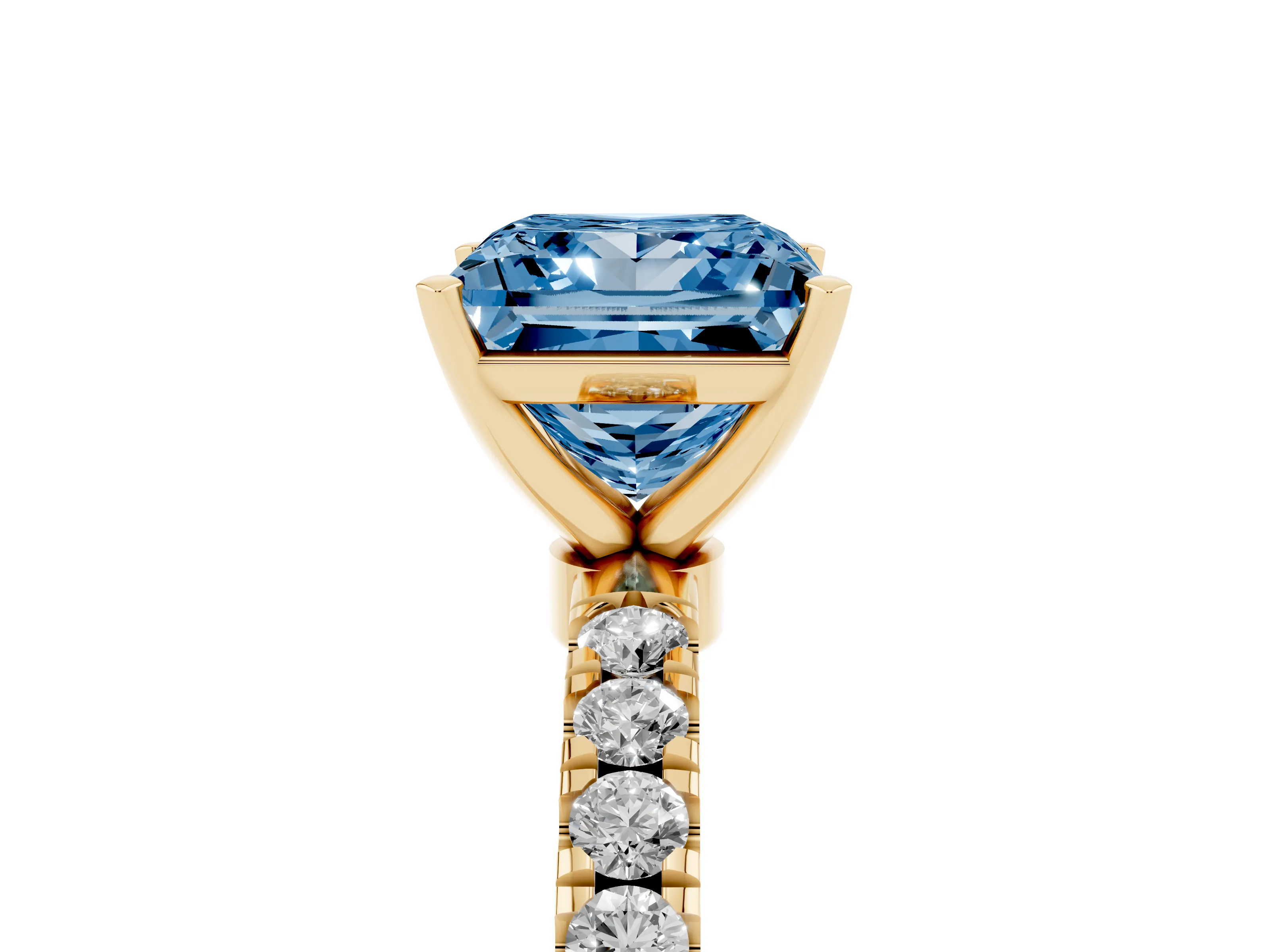 Fancy Blue Princess Cut Diamond Solitaire Ring Set in Yellow gold with Pavé Accents and Prong Setting