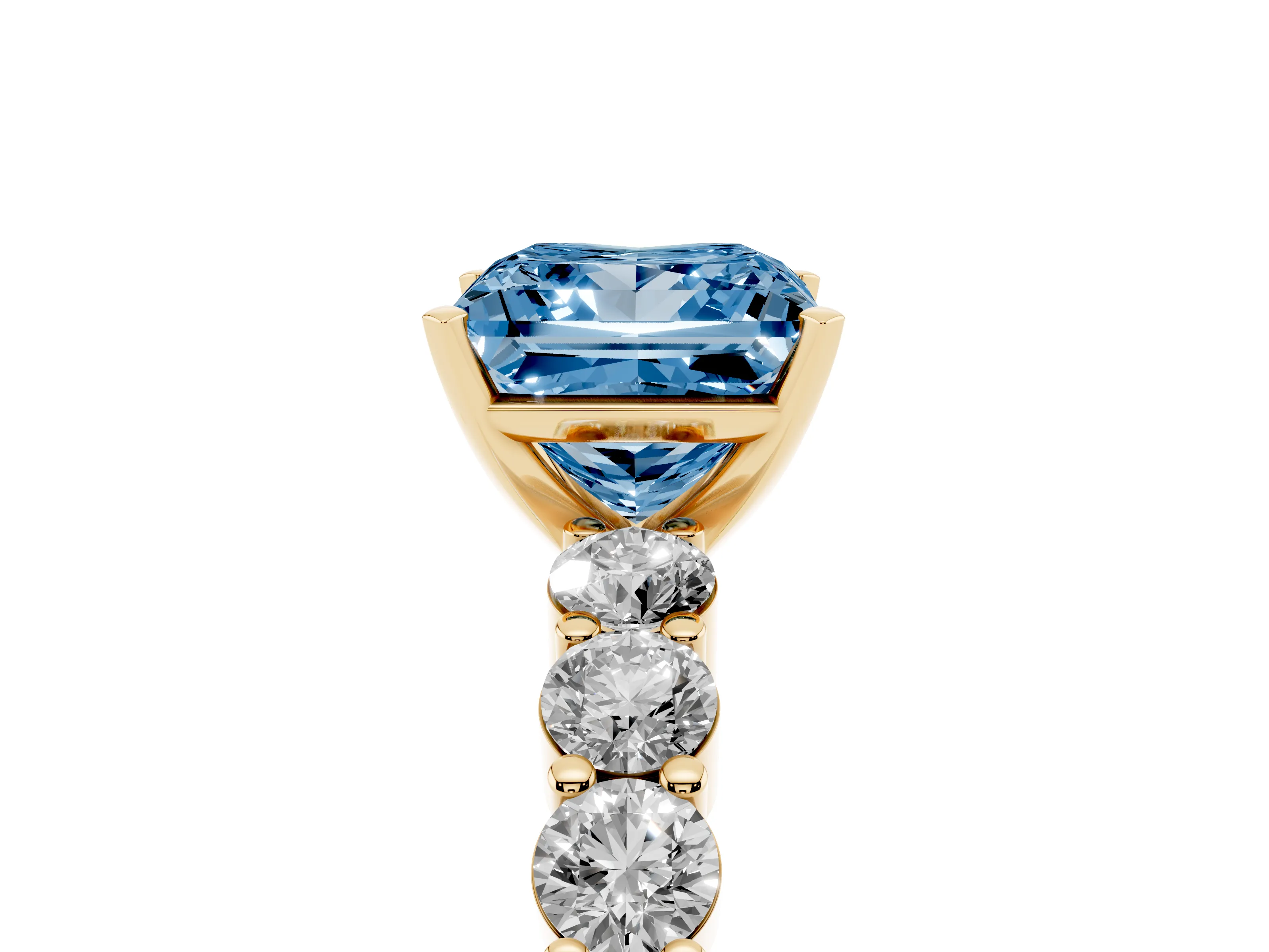 Fancy Blue Princess Cut Diamond Solitaire Ring Set in Yellow gold with Shared Prong Round Side Stones