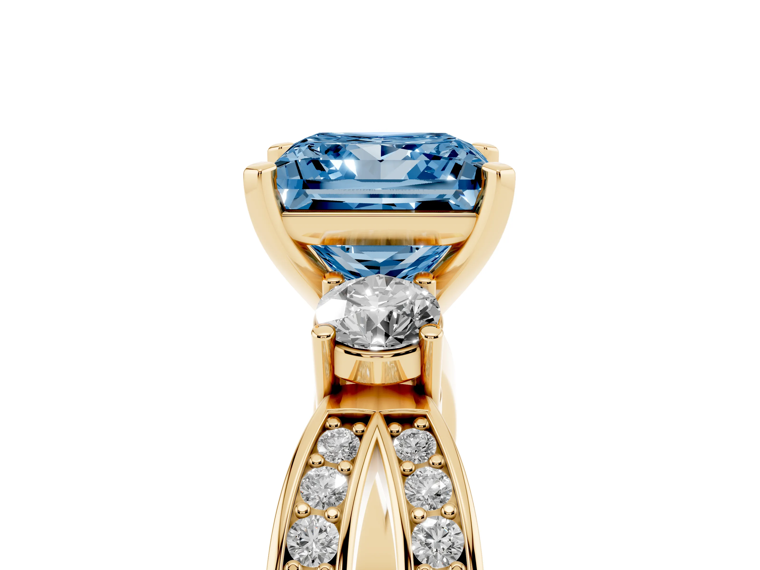 Fancy Blue Three-Stone Princess Cut Diamond Twist Band Ring Set in Yellow gold with Pavé Accents and Prong Setting