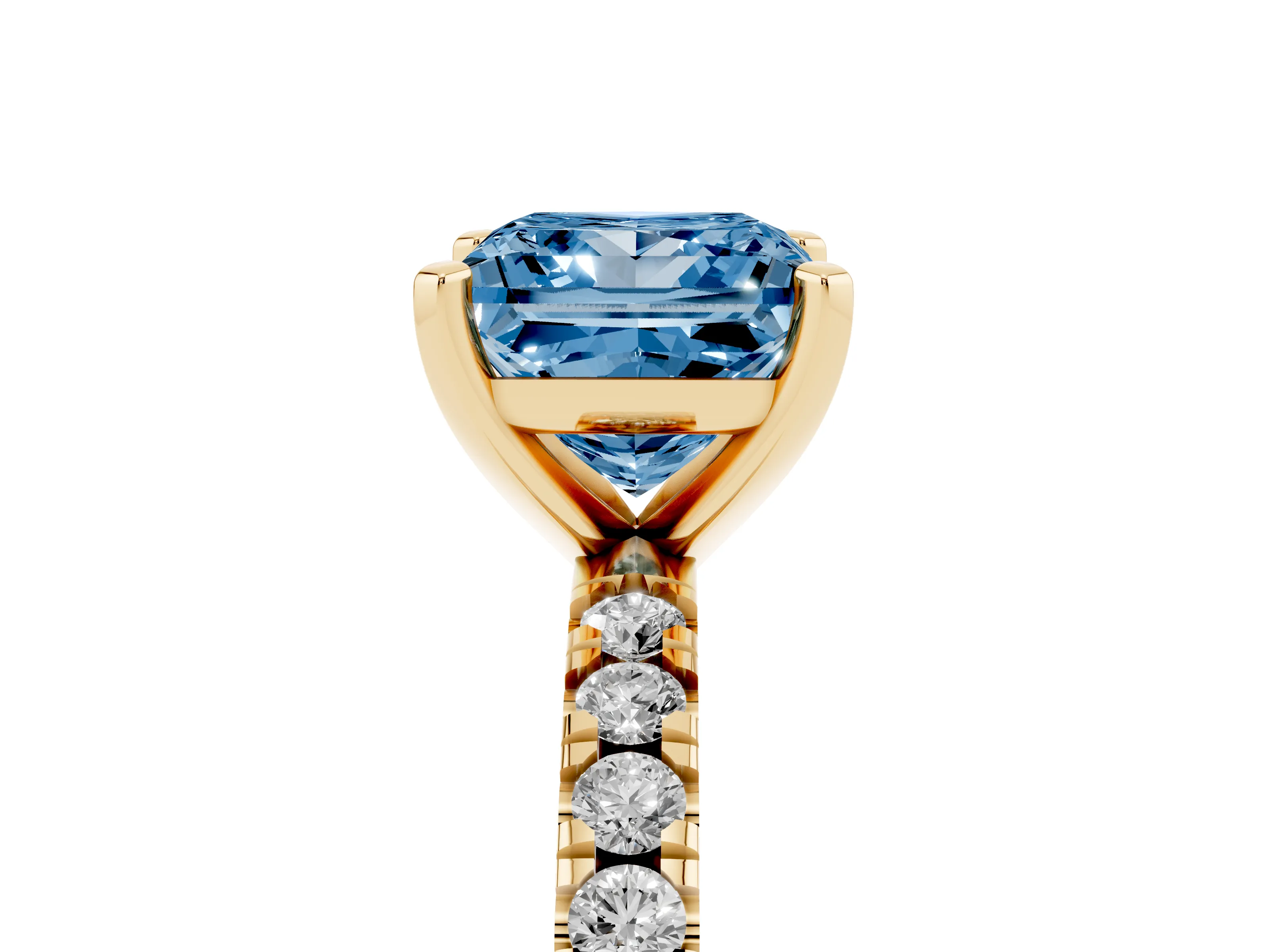 Fancy Blue Princess Cut Diamond Pavé Band Solitaire Set in Yellow gold with Prong Setting
