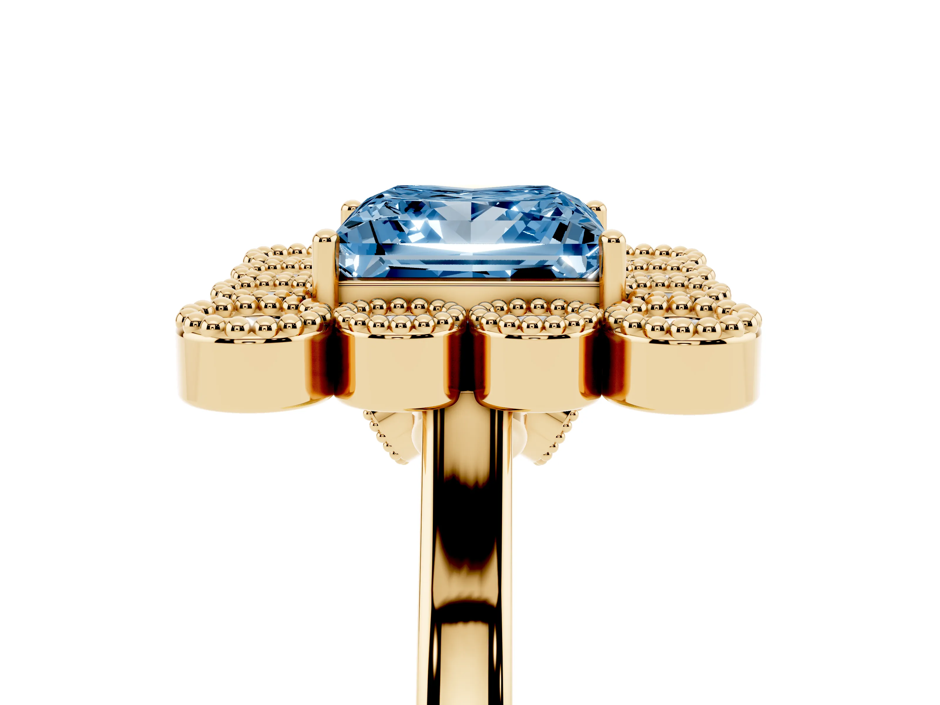 Fancy Blue Princess Cut Diamond Cluster Halo Ring Set in Yellow gold with Milgrain Bezel Accents and Plain Band