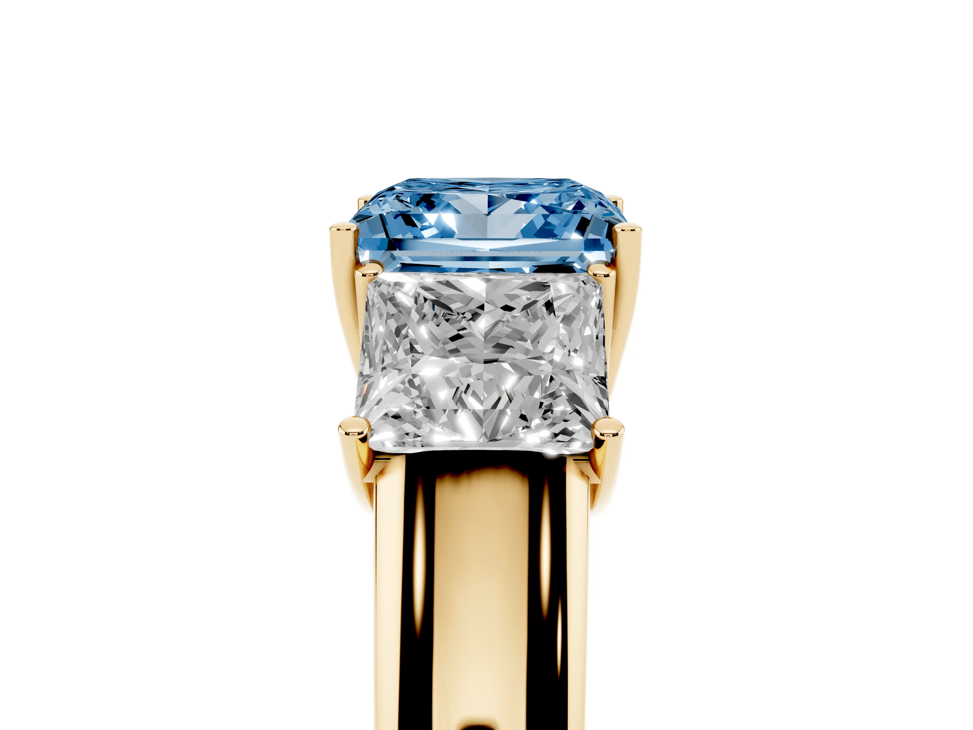 Fancy Blue Three-Stone Princess Cut Diamond Ring Set in Yellow gold with Matching Prong Settings and Plain Band