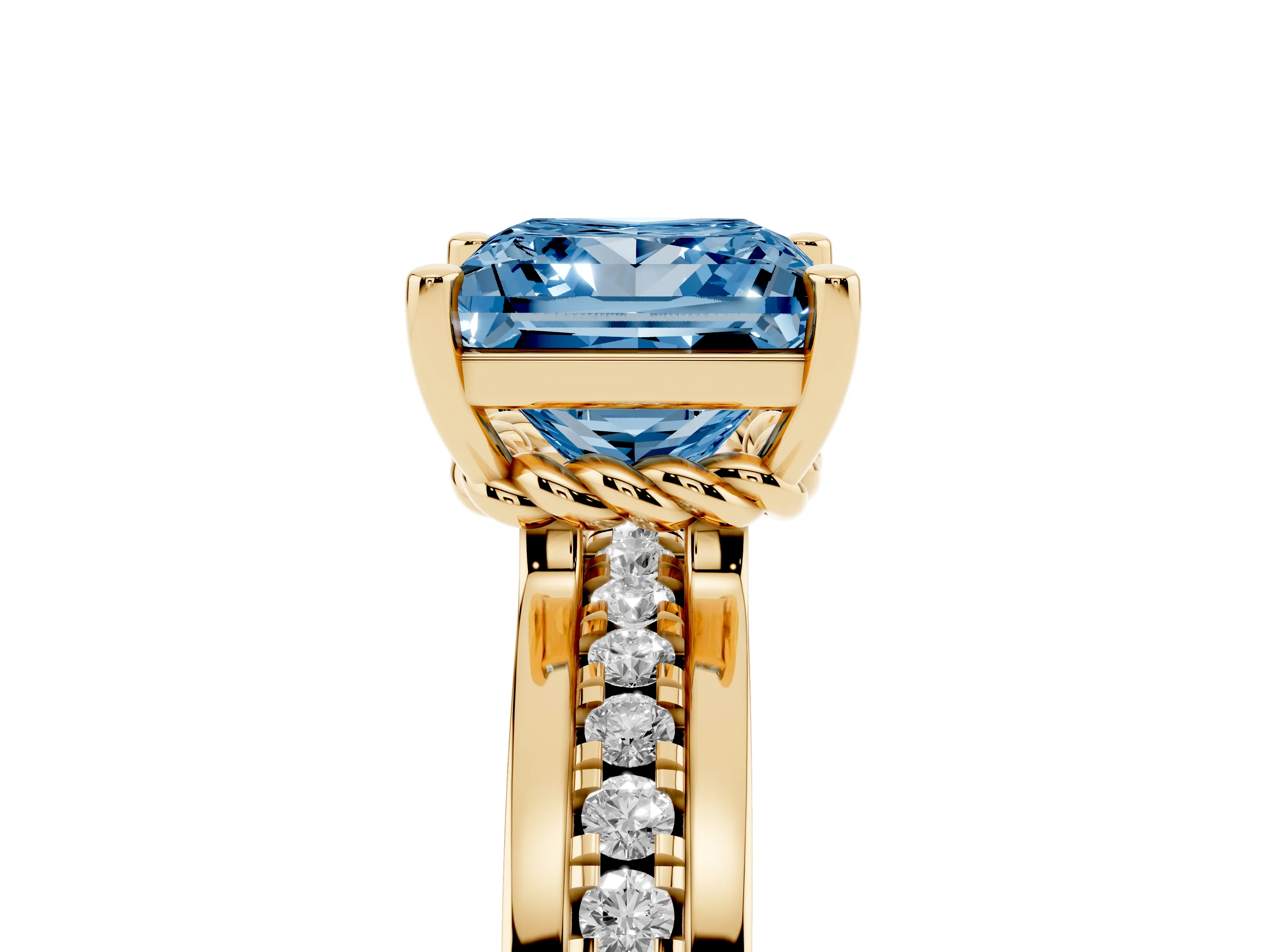 Fancy Blue Princess Cut Diamond Solitaire Ring Set in Yellow gold with Channel Set Band and Prong Setting