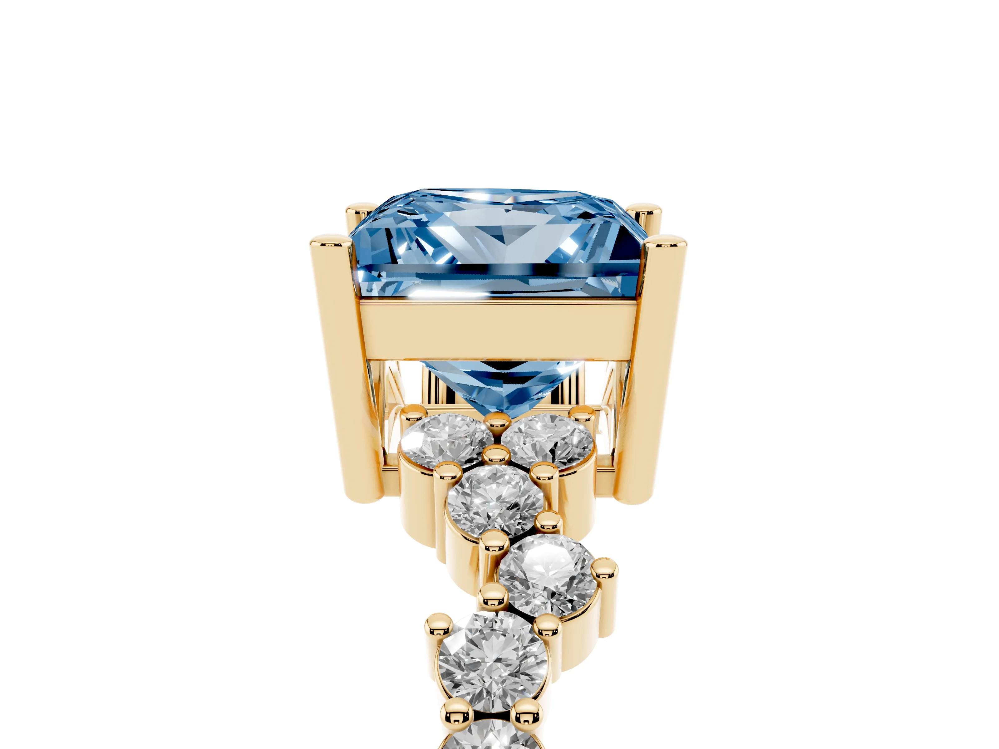 Fancy Blue Princess Cut Diamond Ring Set in Yellow gold with Scattered Round Accents