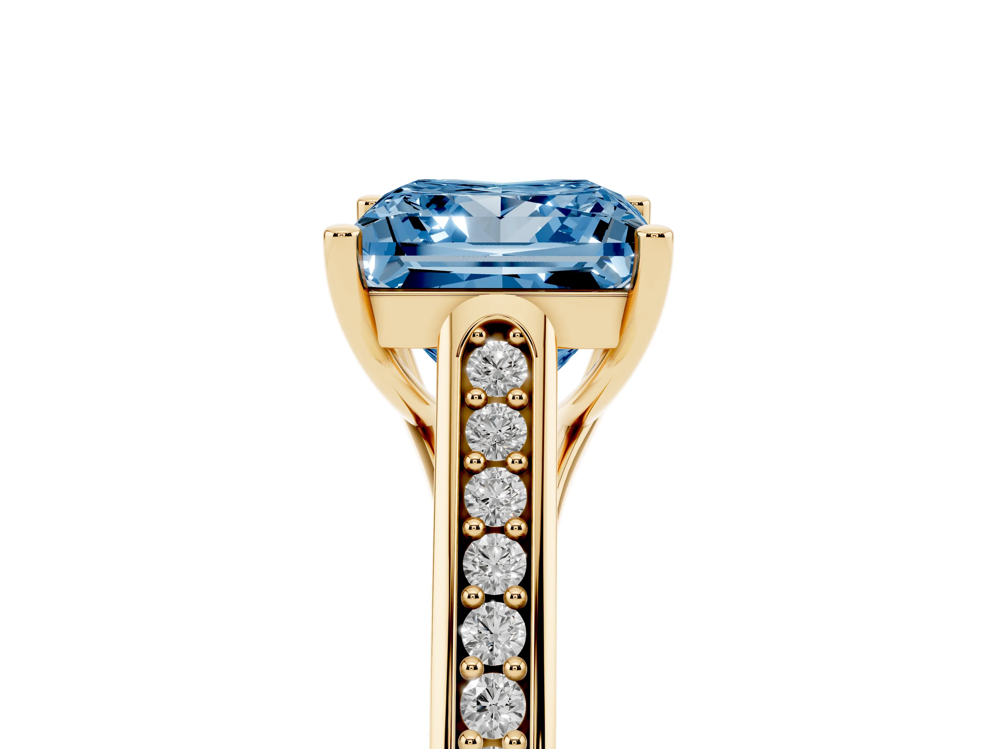 Fancy Blue Princess Cut Diamond Solitaire Cathedral Engagement Ring Set in Yellow gold with Channel-Set Band and Prong Setting
