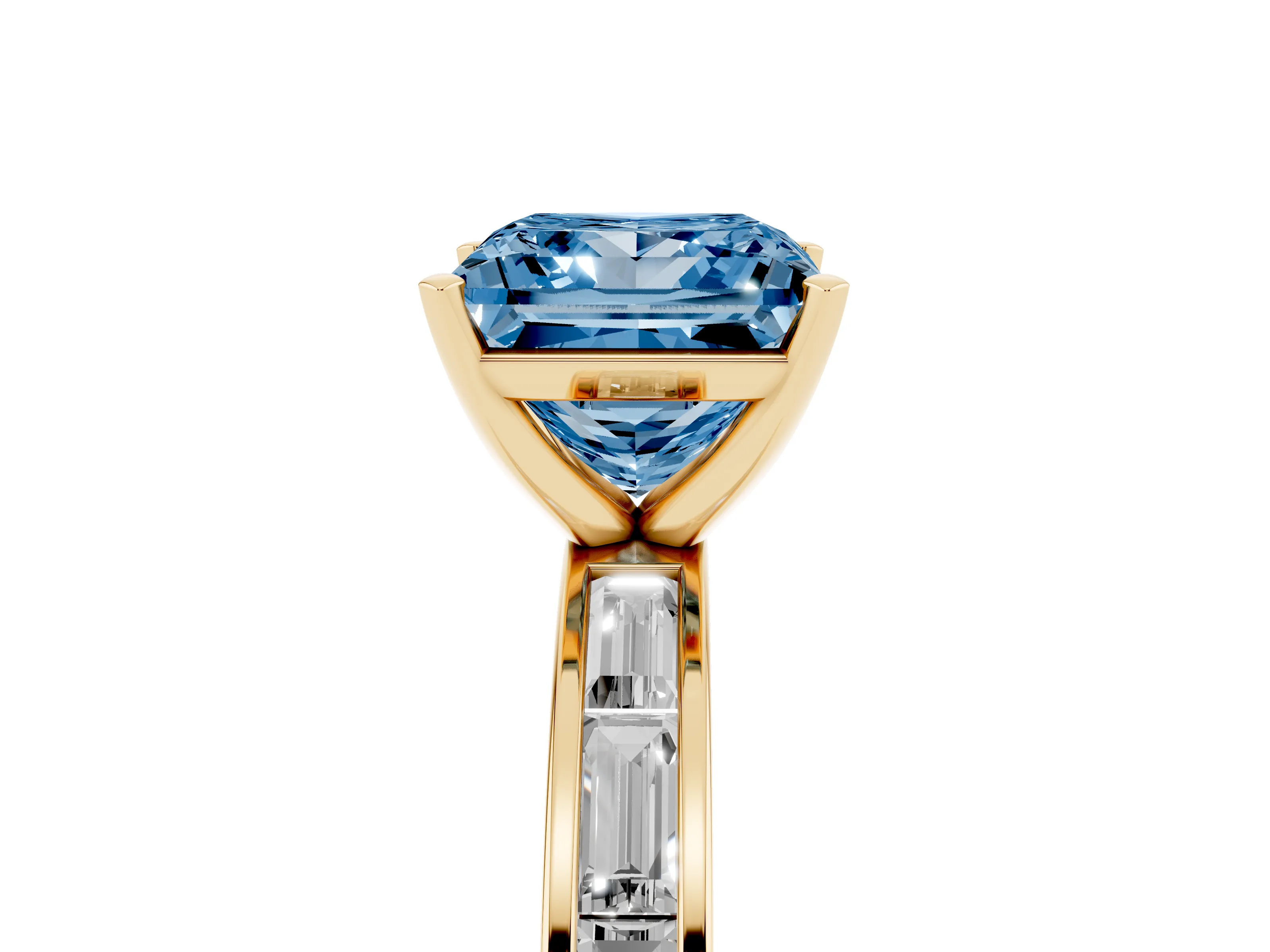 Fancy Blue Princess Cut Diamond Solitaire Ring Set in Yellow gold with Channel-Set Baguette Band and Prong Setting