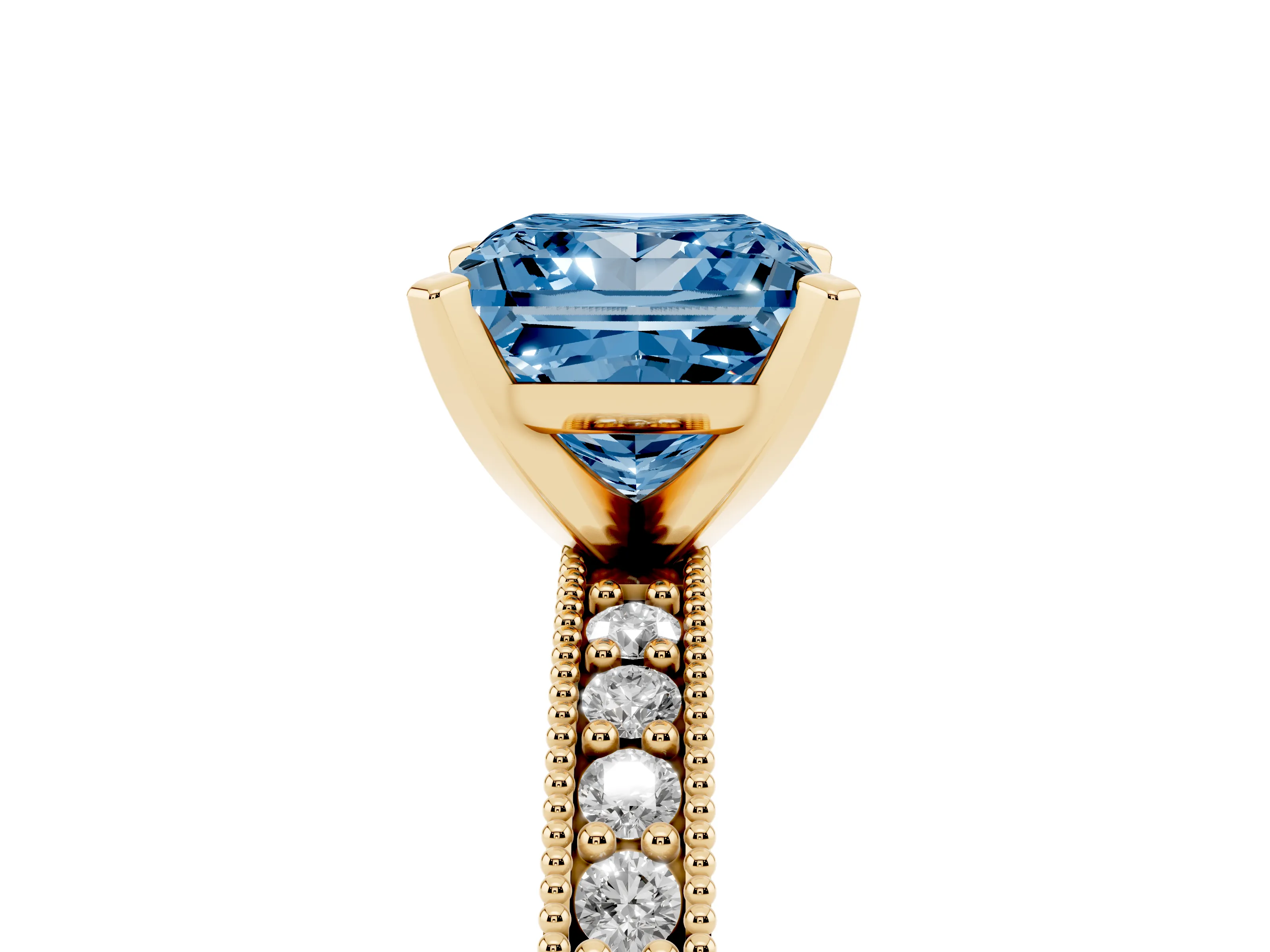 Fancy Blue Princess Cut Diamond Milgrain Pavé Engagement Ring Set in Yellow gold with Prong Setting