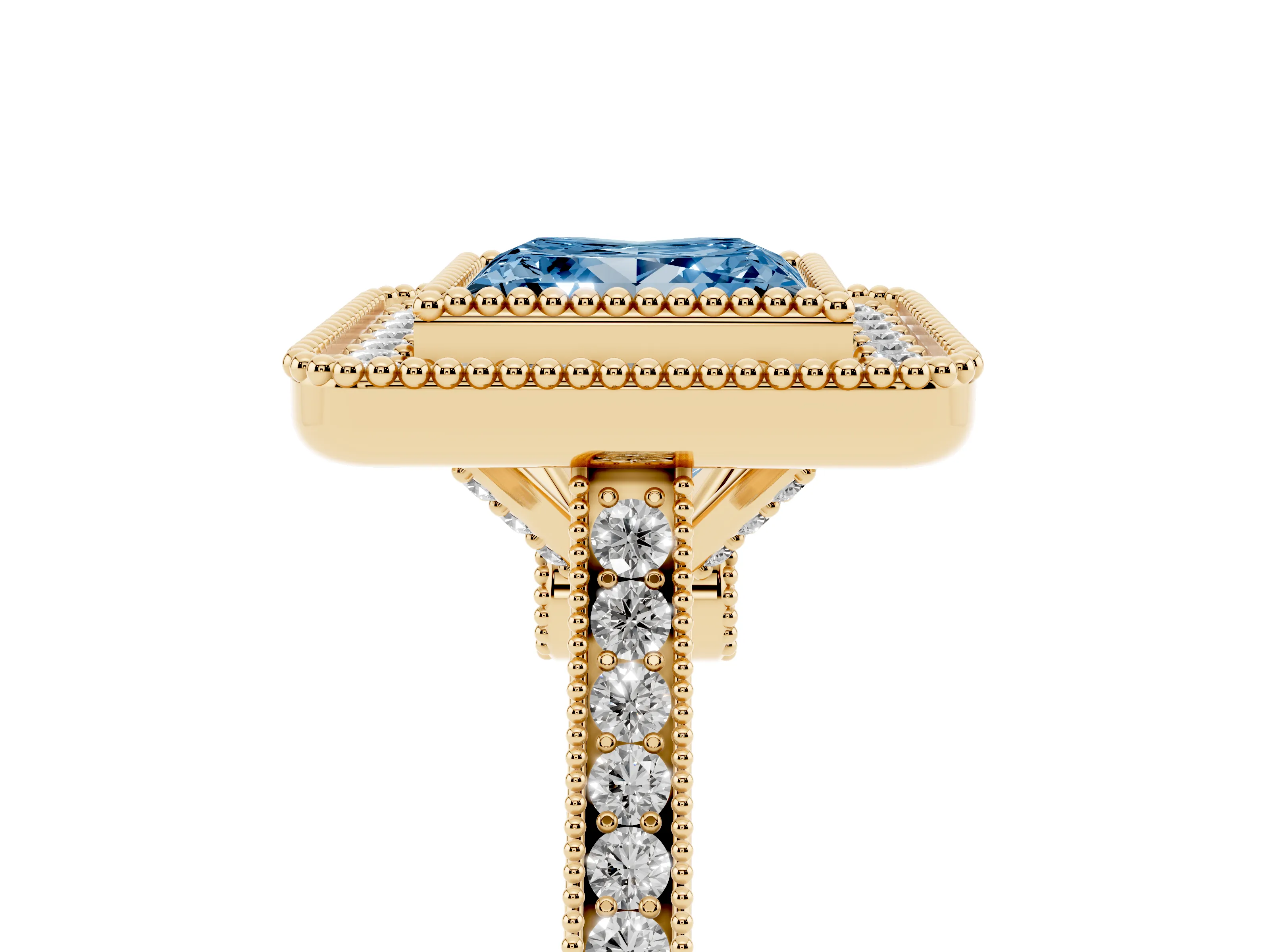 Fancy Blue Princess Cut Diamond Halo Ring Set in Yellow gold with Milgrain Frame and Pavé Band