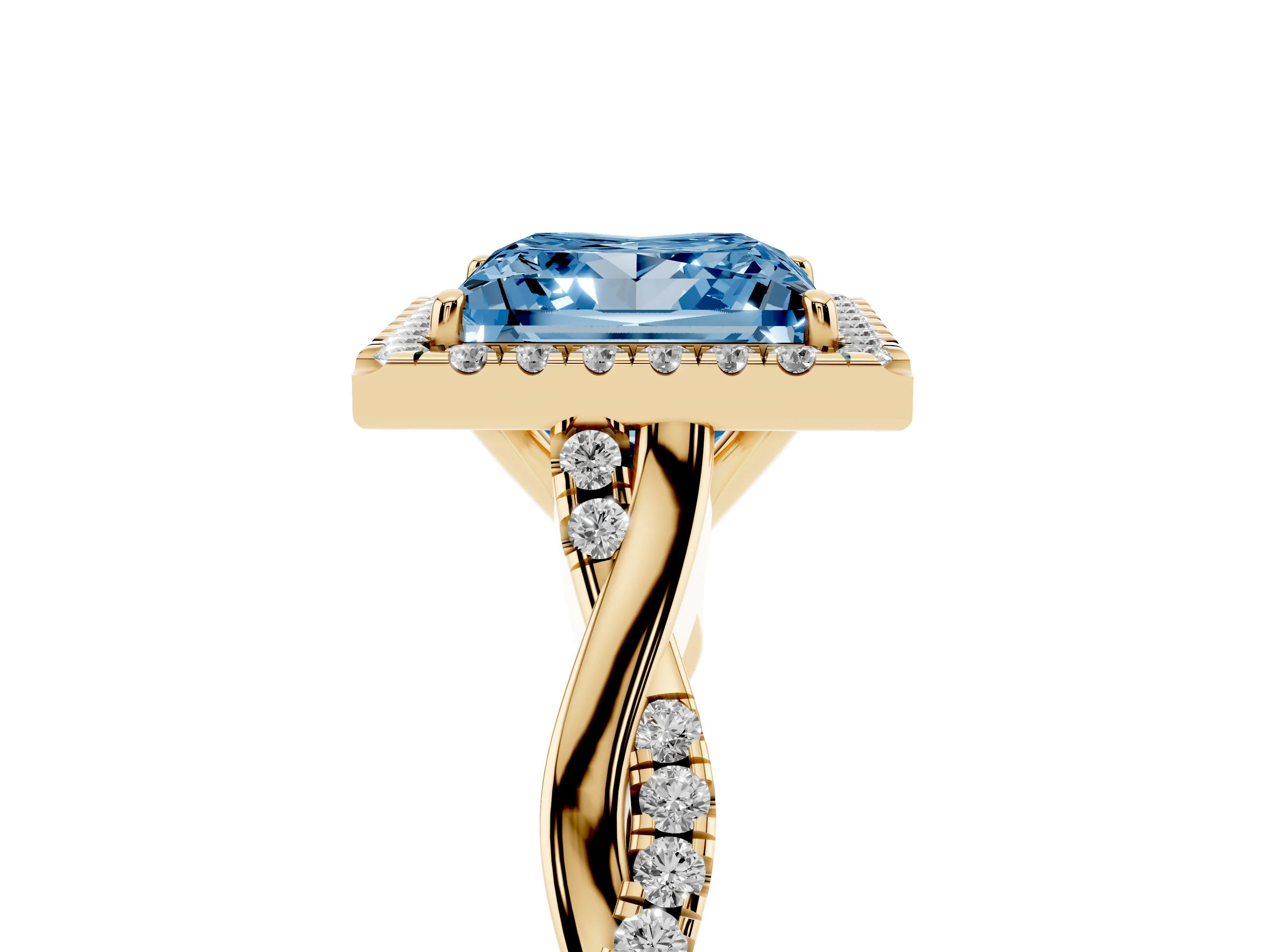 Fancy Blue Princess Cut Diamond Halo Twist Band Solitaire Ring Set in Yellow gold with Prong Setting