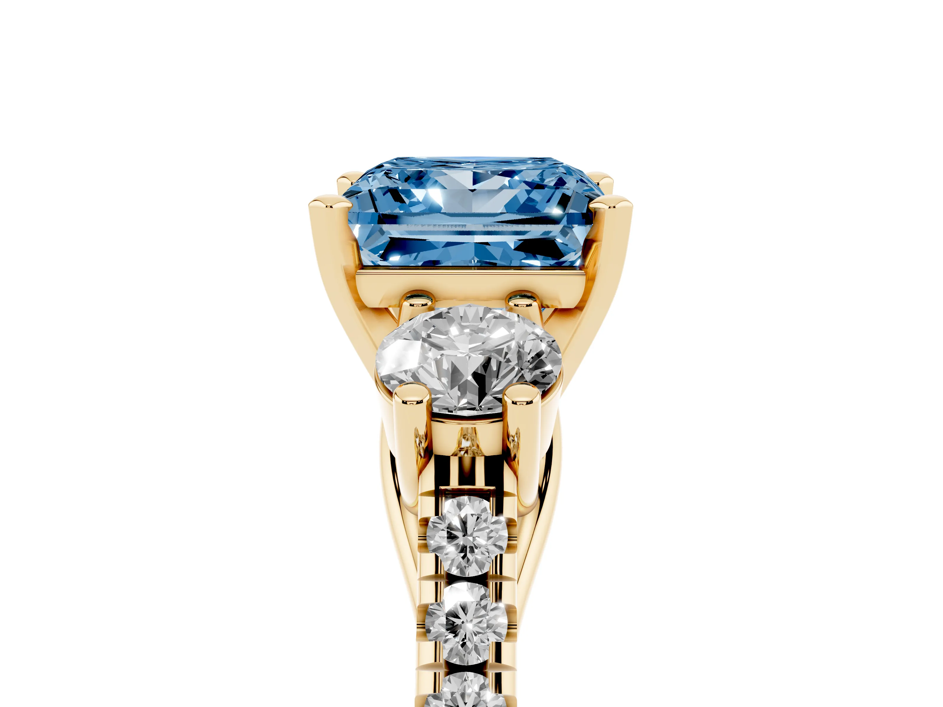 Fancy Blue Three-Stone Princess Cut Diamond Pavé Band Ring Set in Yellow gold with Prong-Set Trio