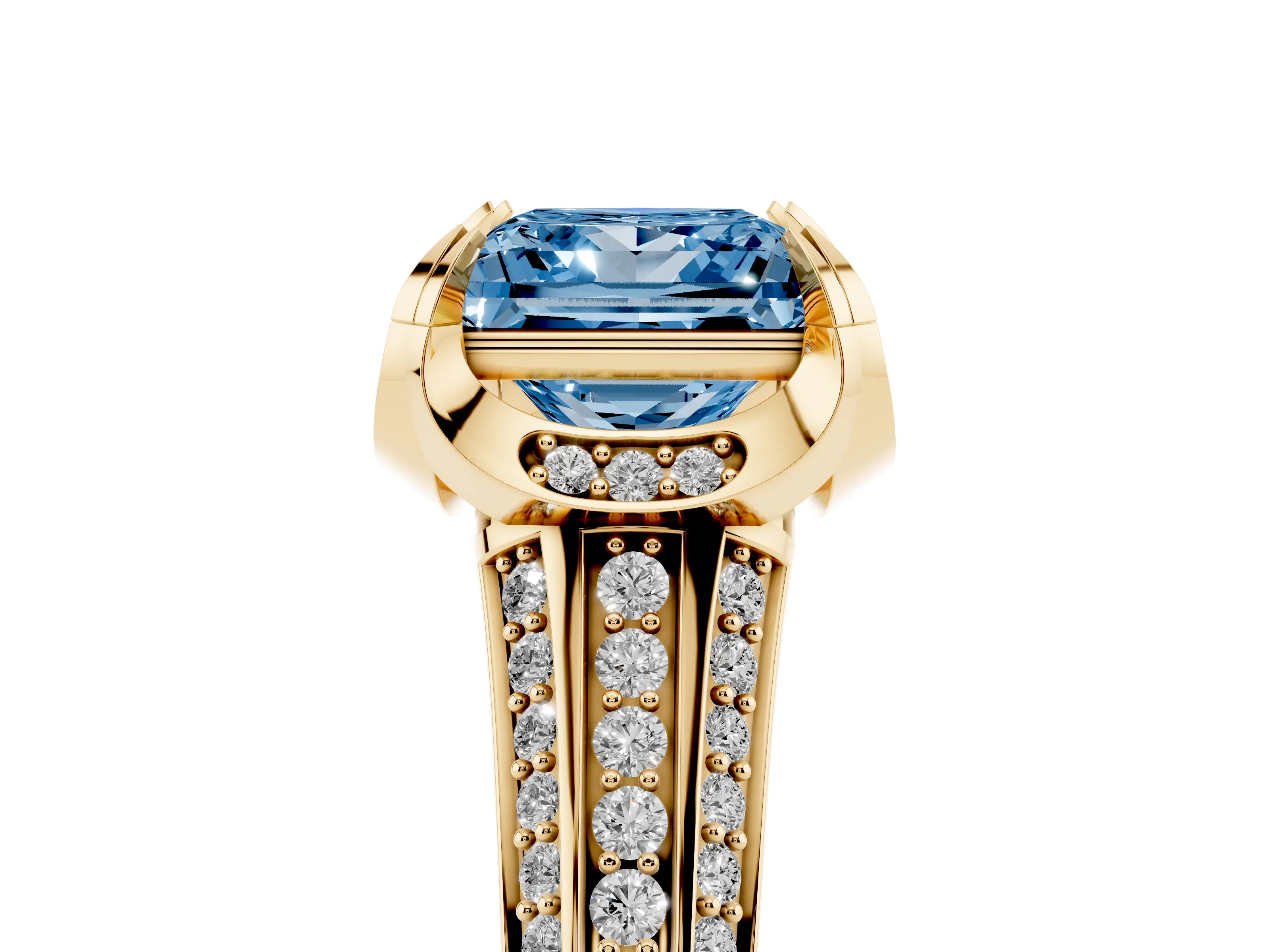 Fancy Blue Princess Cut Diamond Pavé Split Shank Solitaire Ring Set in Yellow gold with Prong Setting
