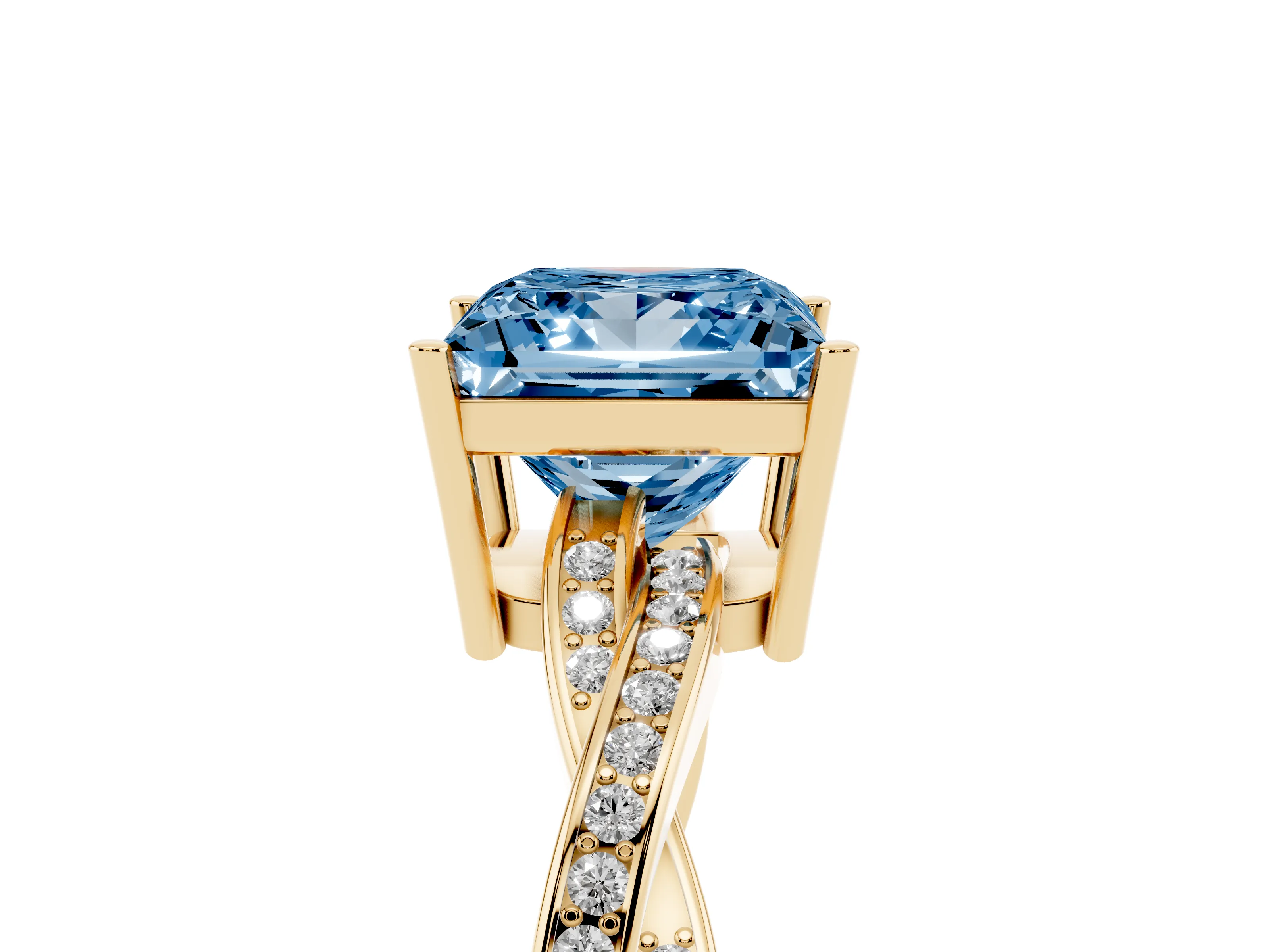 Fancy Blue Princess Cut Diamond Solitaire Twisted Pavé Ring Set in Yellow gold with Prong Setting