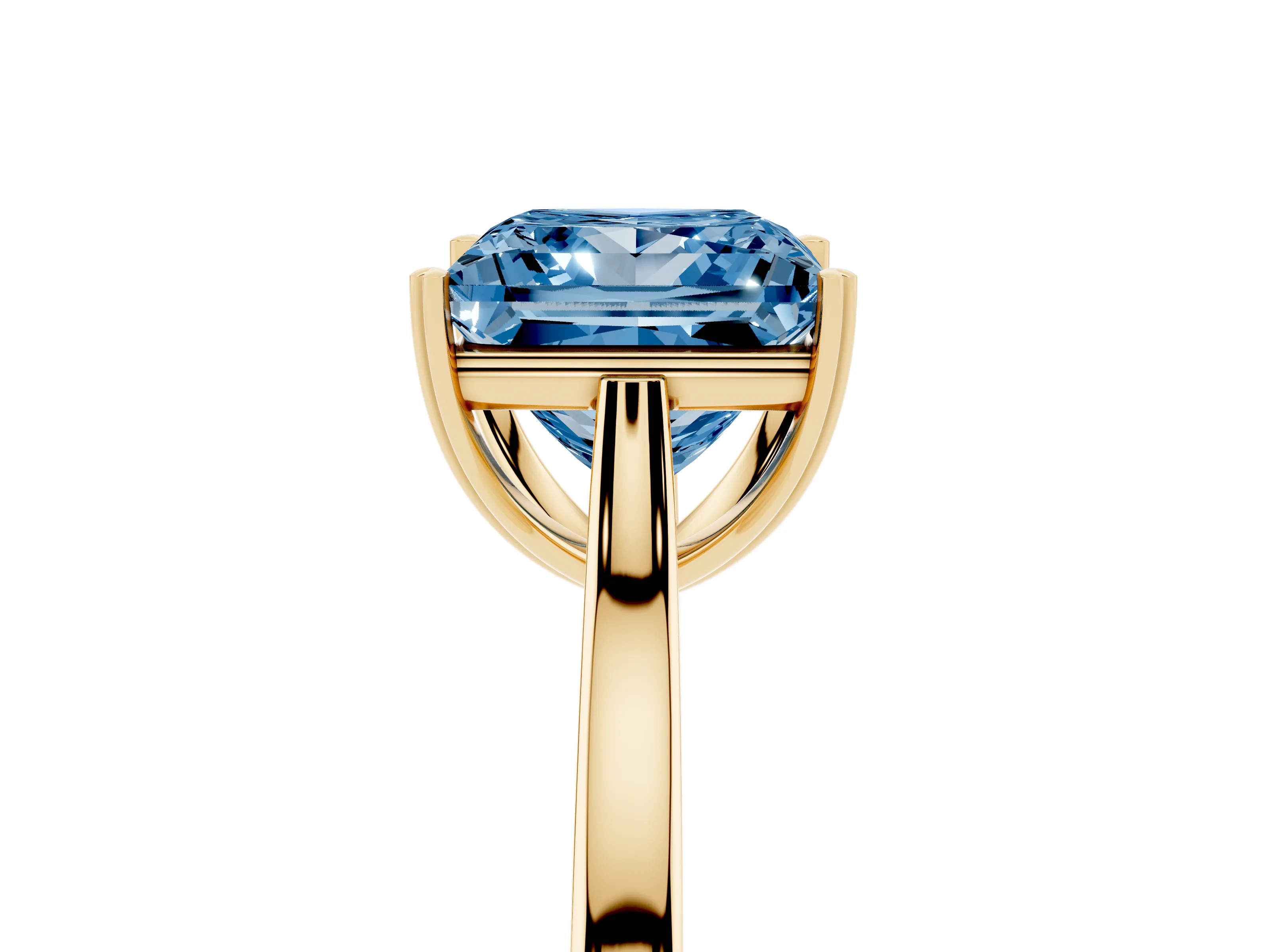 Fancy Blue Princess Cut Diamond Solitaire Heart Prong Engagement Ring Set in Yellow gold with Tapered Band