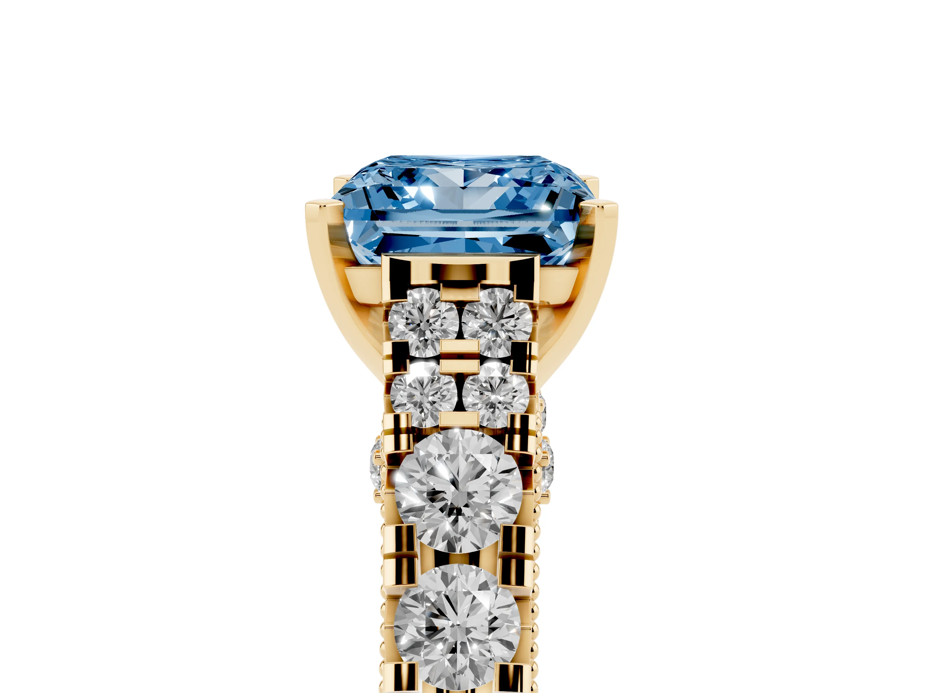 Fancy Blue Princess Cut Diamond Classic Solitaire Ring Set in Yellow gold with Pavé Band and Prong Setting