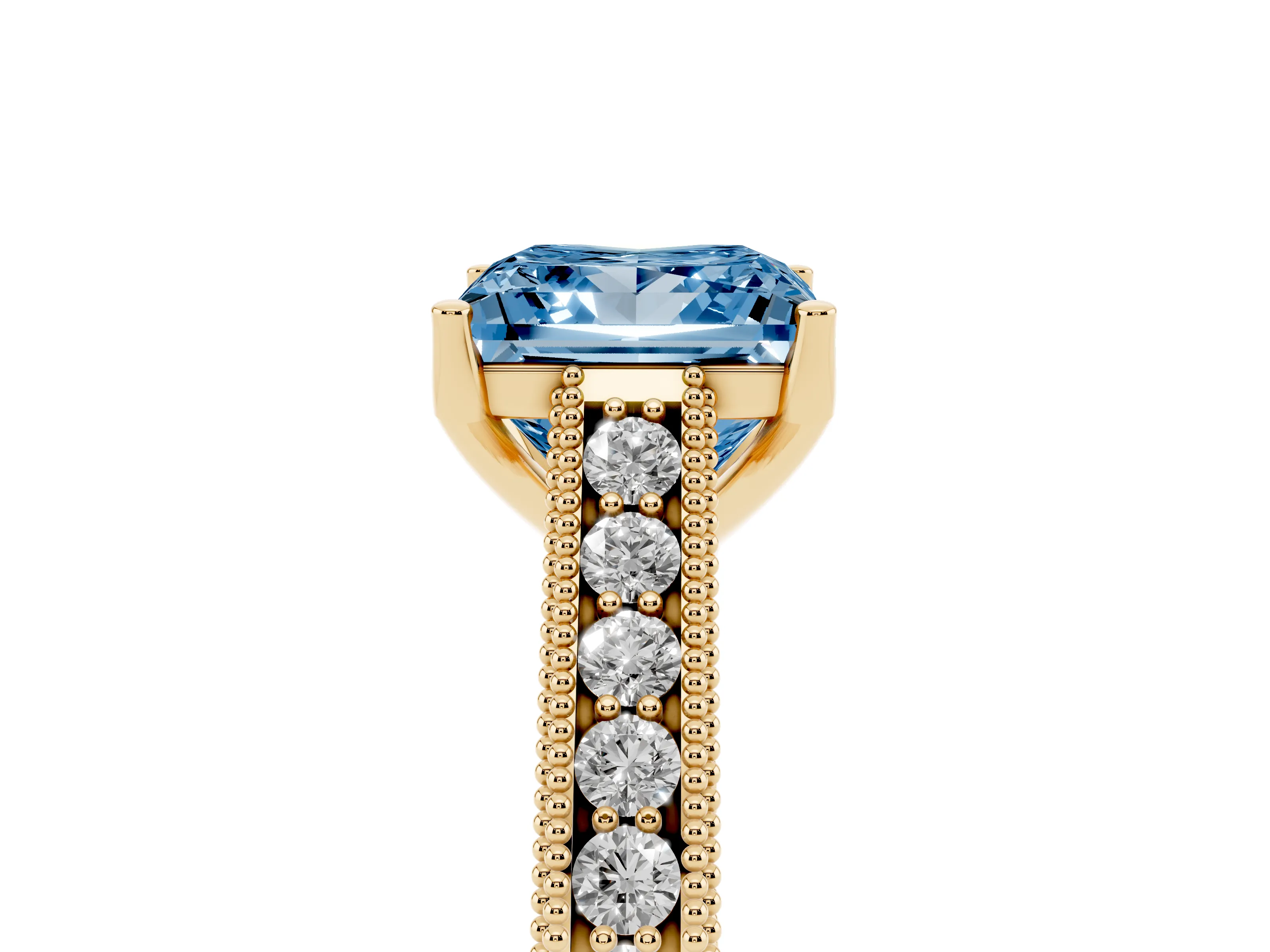 Fancy Blue Princess Cut Diamond Milgrain Pavé Band Solitaire Ring Set in Yellow gold with Prong Setting