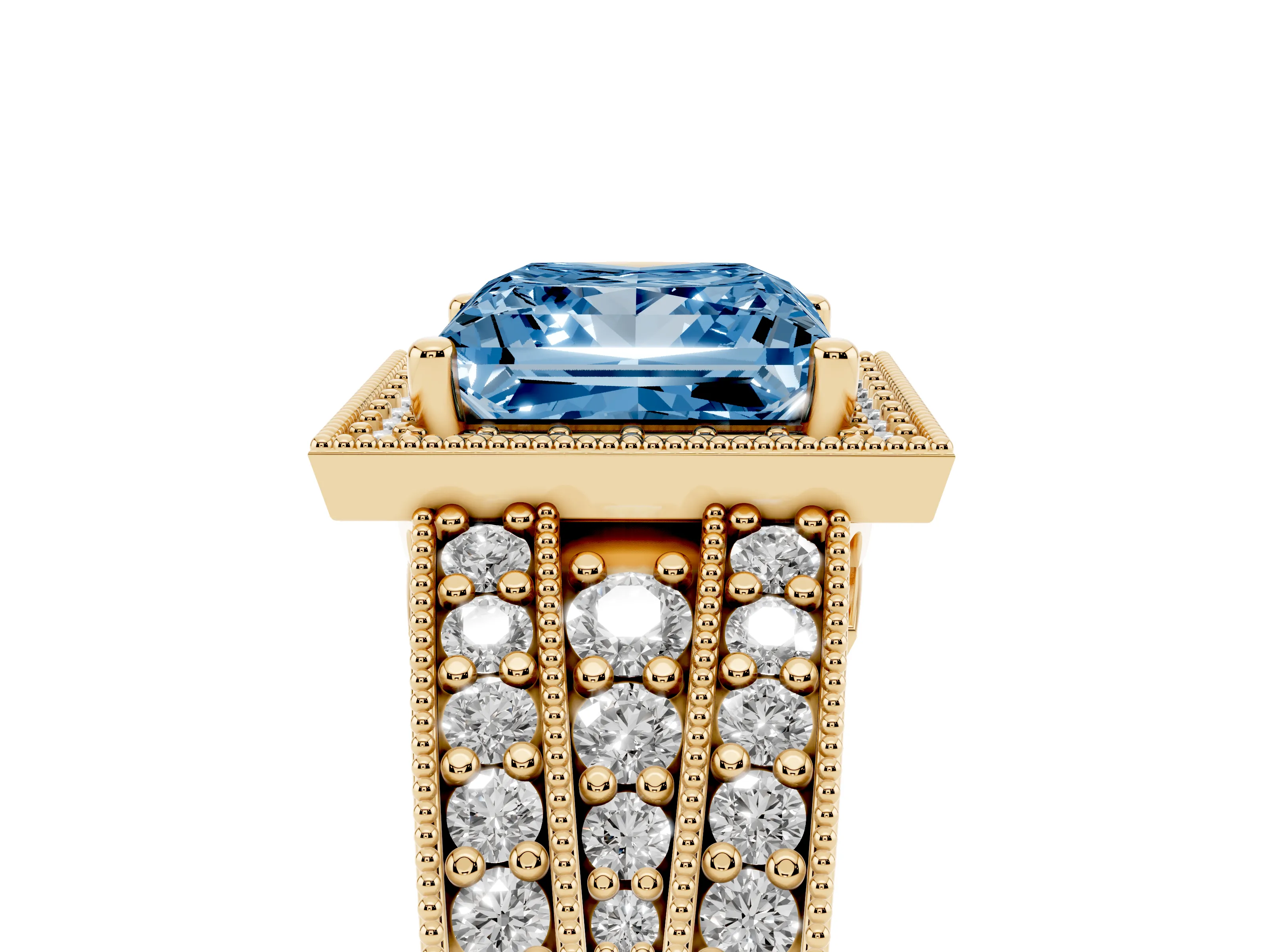Fancy Blue Princess Cut Diamond Halo Ring Set in Yellow gold with Accent Split Shank and Prong Setting