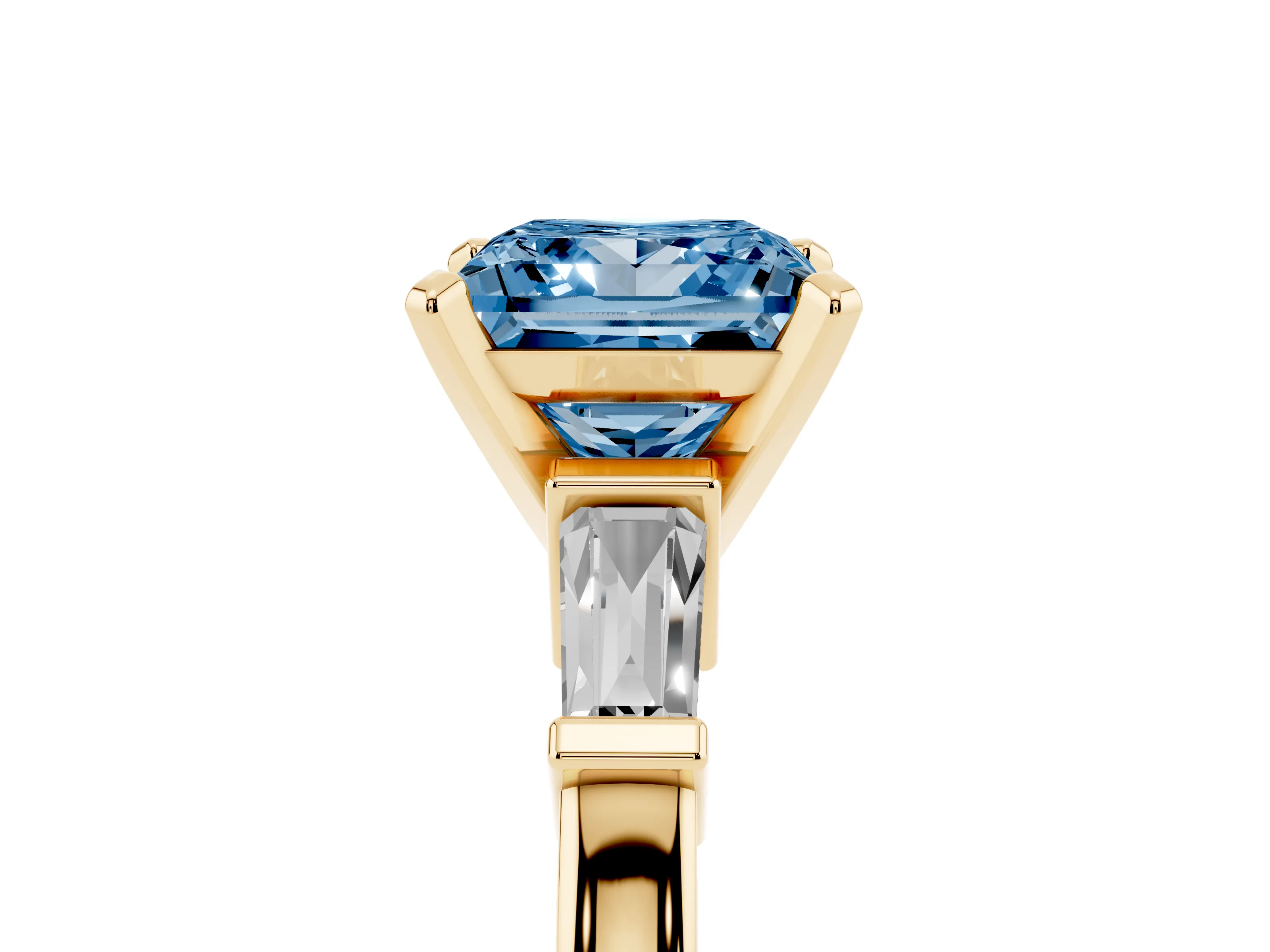 Fancy Blue Princess Cut Diamond Solitaire Ring Set in Yellow gold with Tapered Baguette Accents and Prong Setting