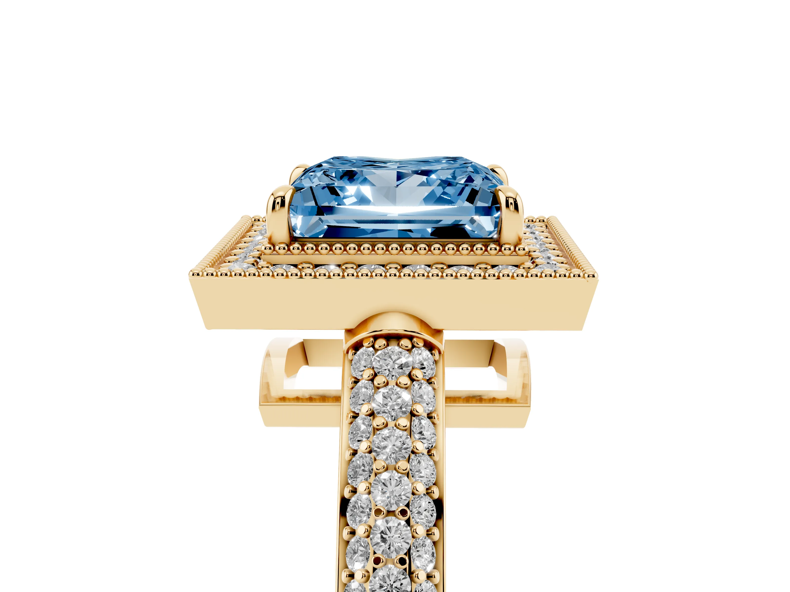 Fancy Blue Princess Cut Diamond Halo Pavé Band Set in Yellow gold with Prong Setting